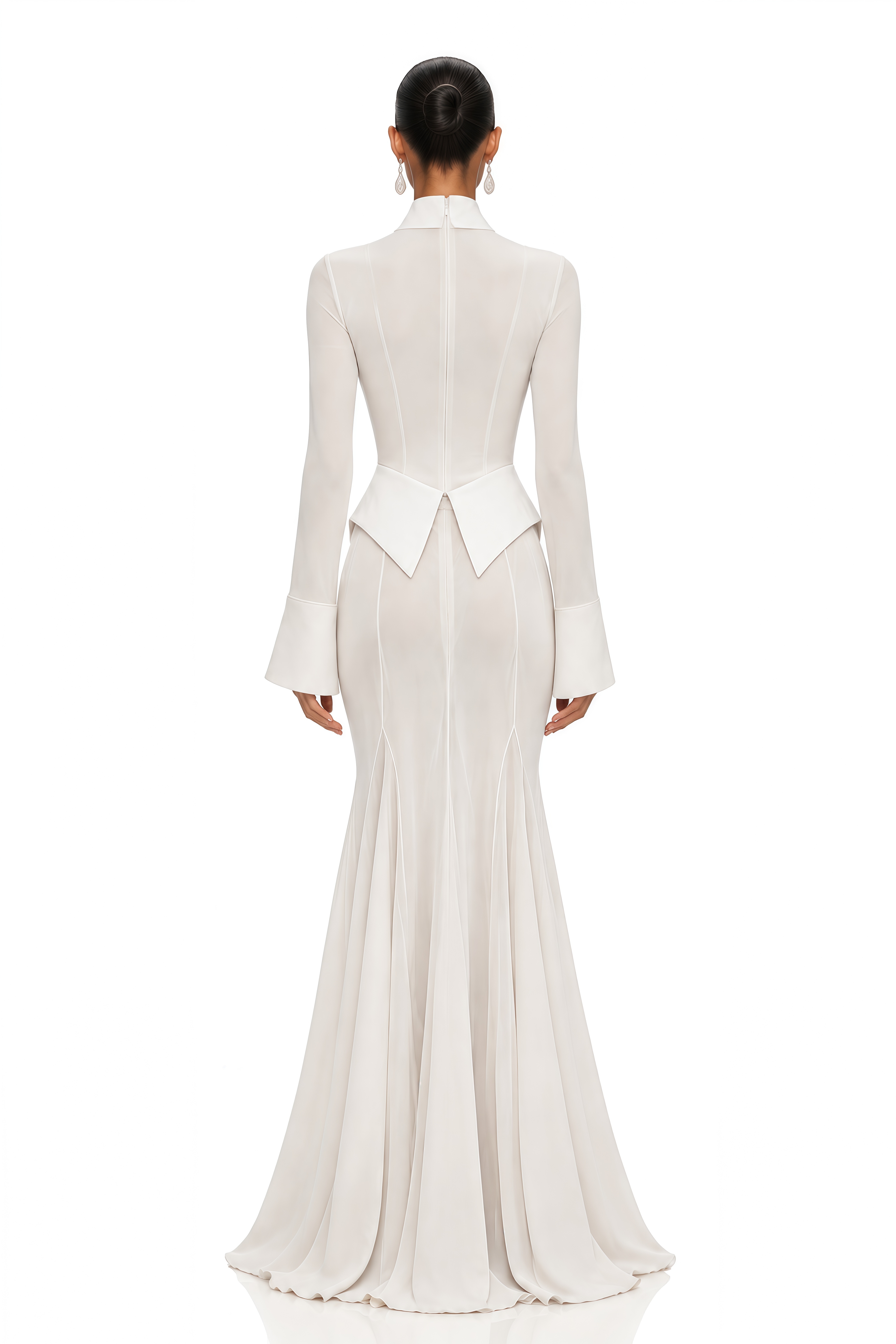 Ophelia White Plunge Neck Bodysuit & Sheer Maxi Skirt Set