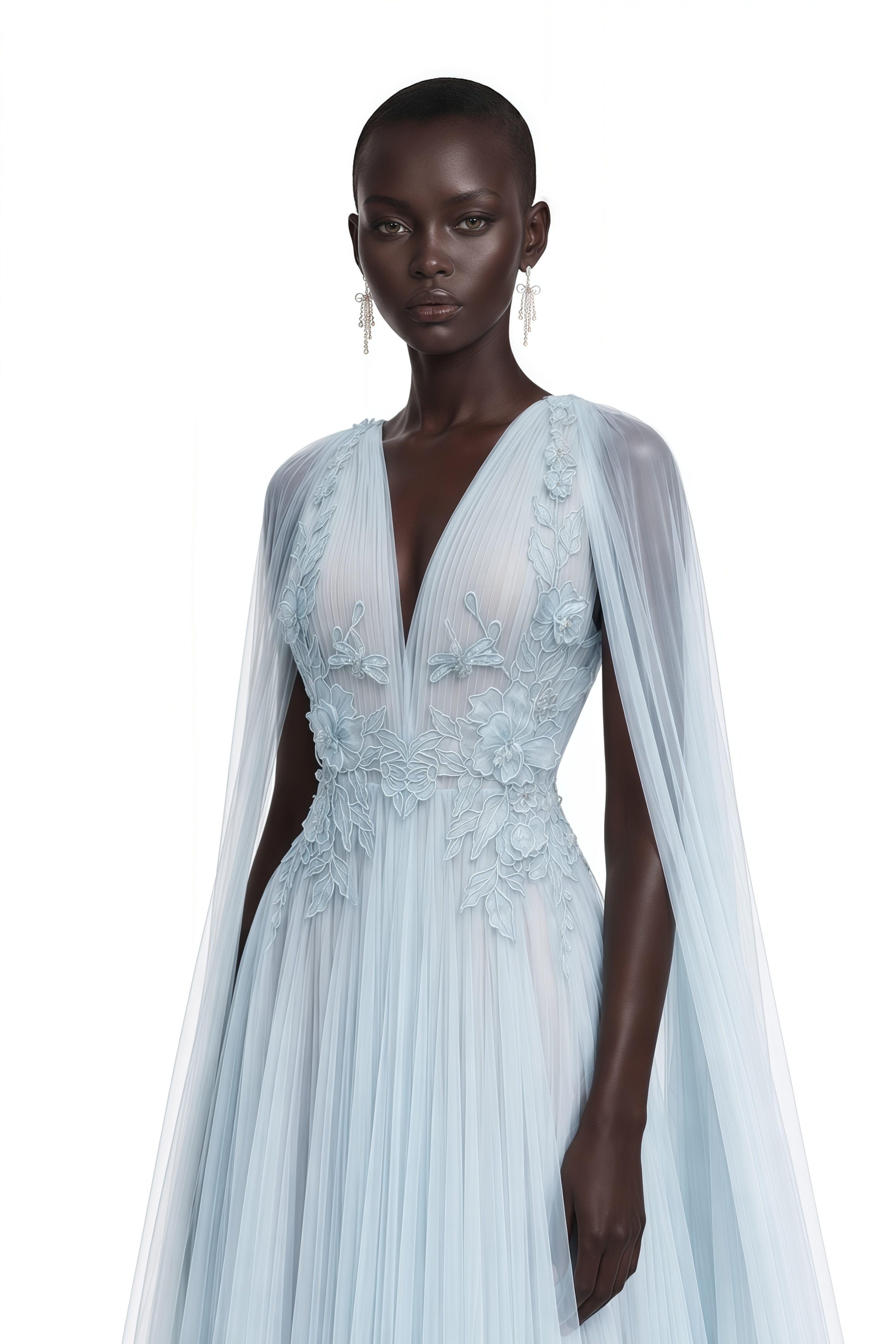 Ophelia Ice Blue Mesh Ruched Maxi Dress with Cape