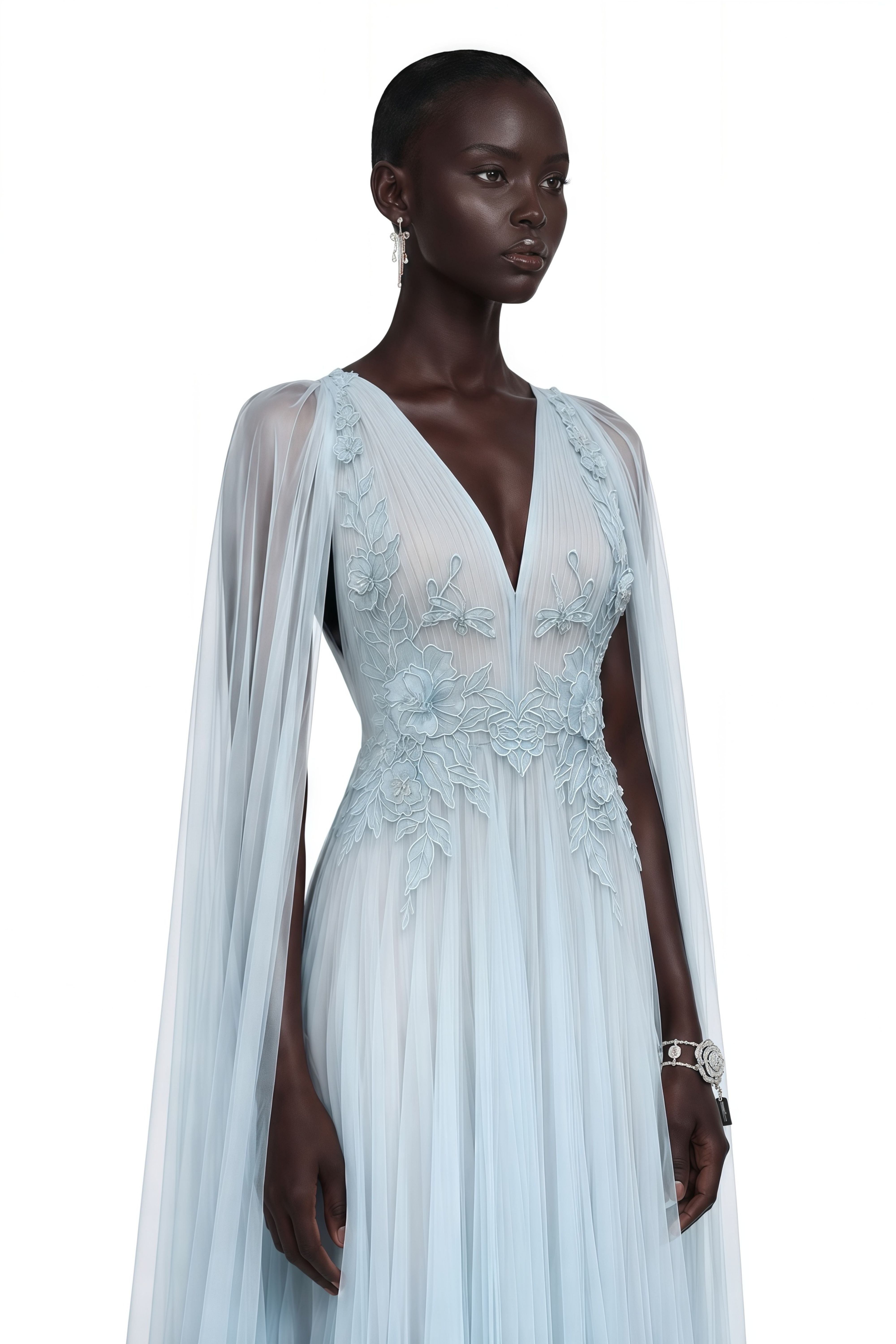 Ophelia Ice Blue Mesh Ruched Maxi Dress with Cape