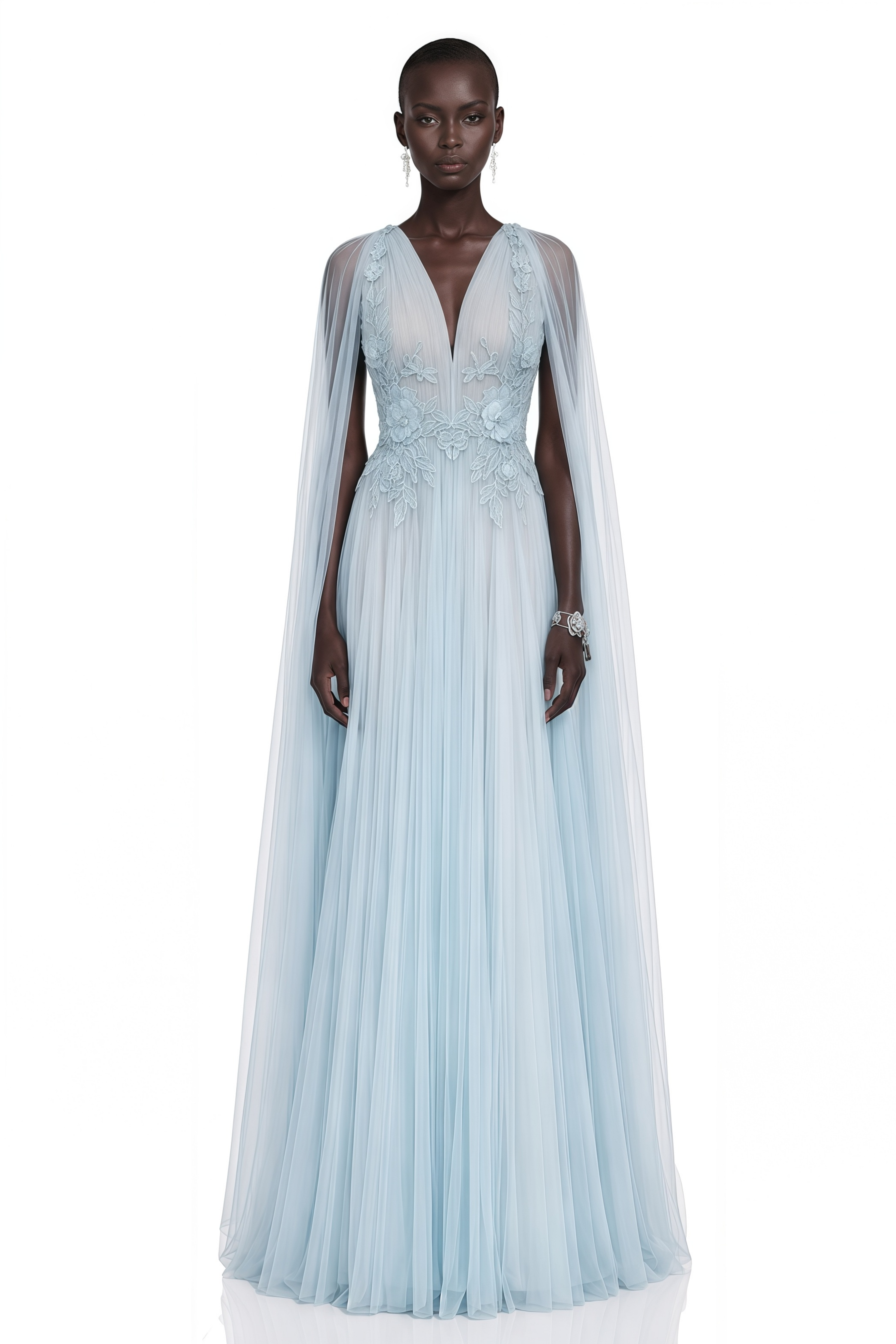 Ophelia Ice Blue Mesh Ruched Maxi Dress with Cape