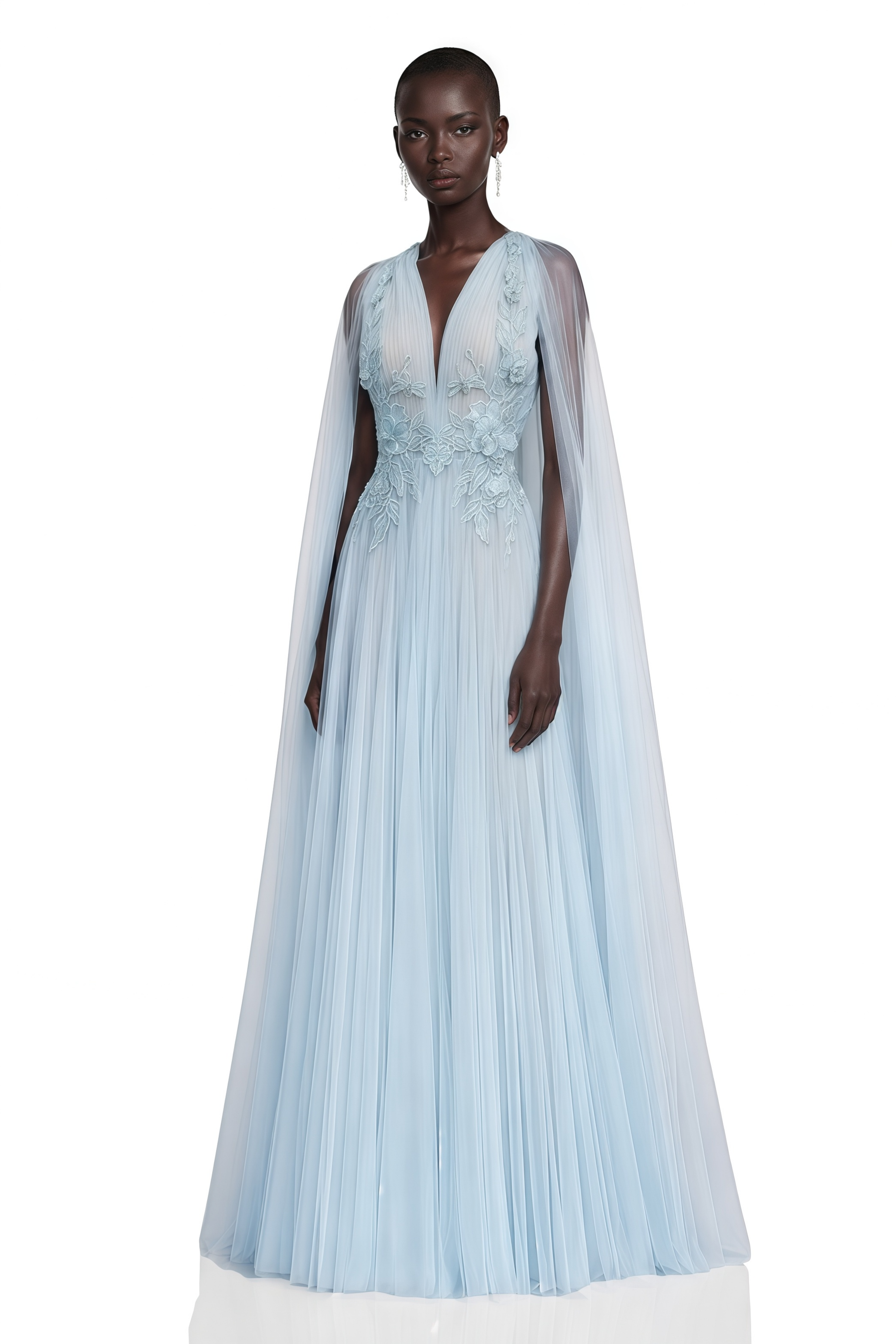 Ophelia Ice Blue Mesh Ruched Maxi Dress with Cape