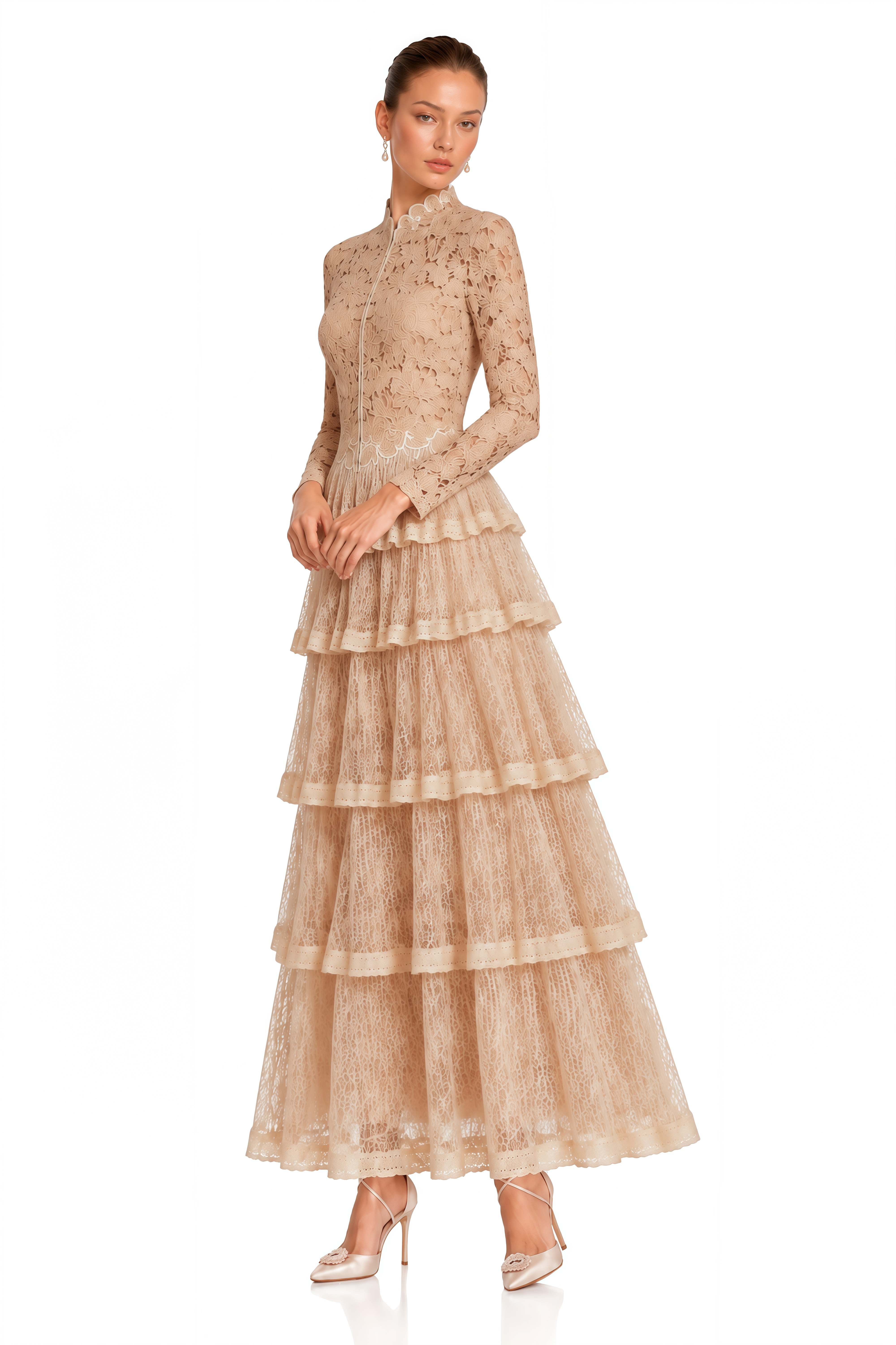Oriana Neutral Floral Lace Tiered Maxi Dress