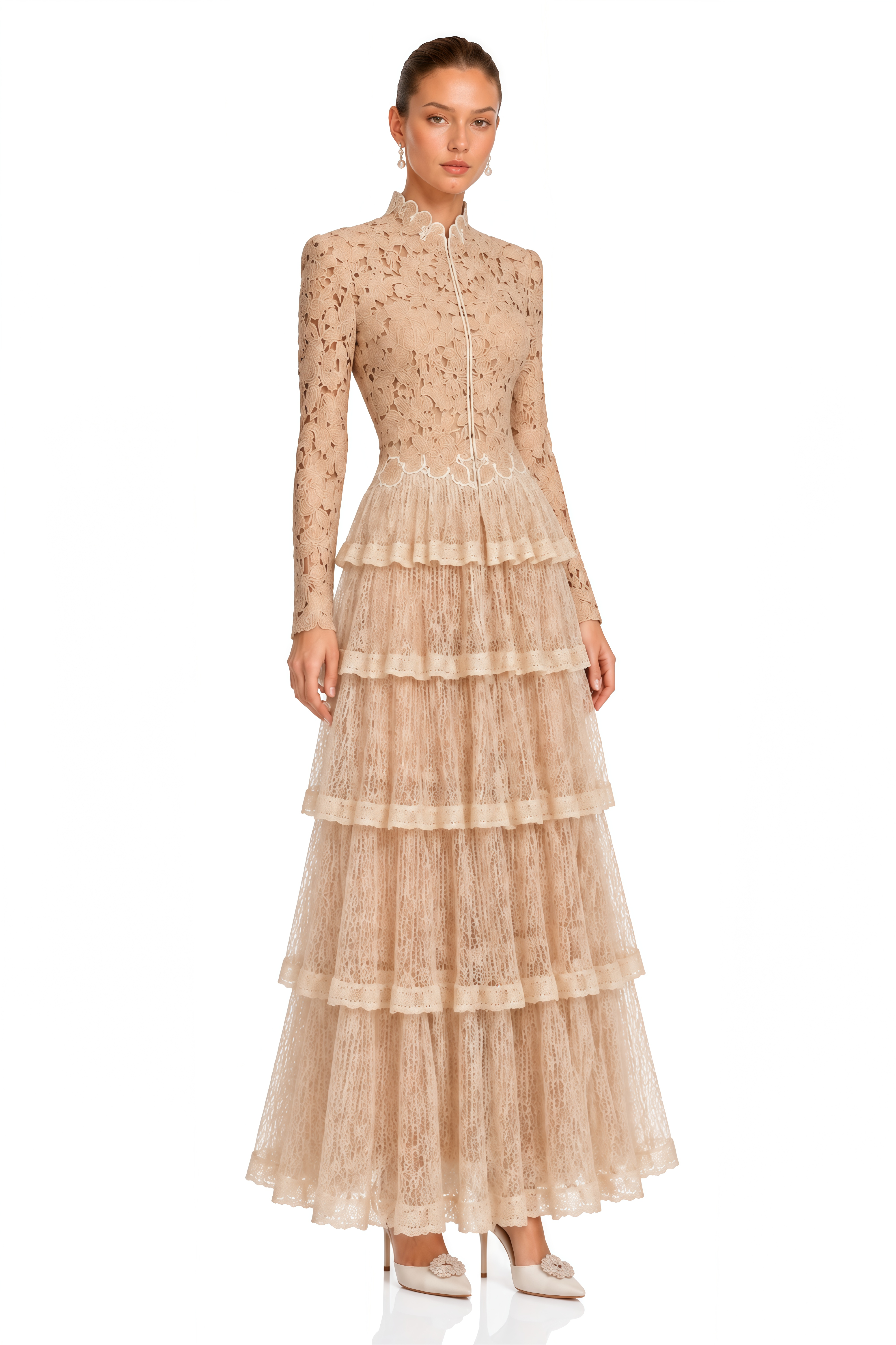 Oriana Neutral Floral Lace Tiered Maxi Dress