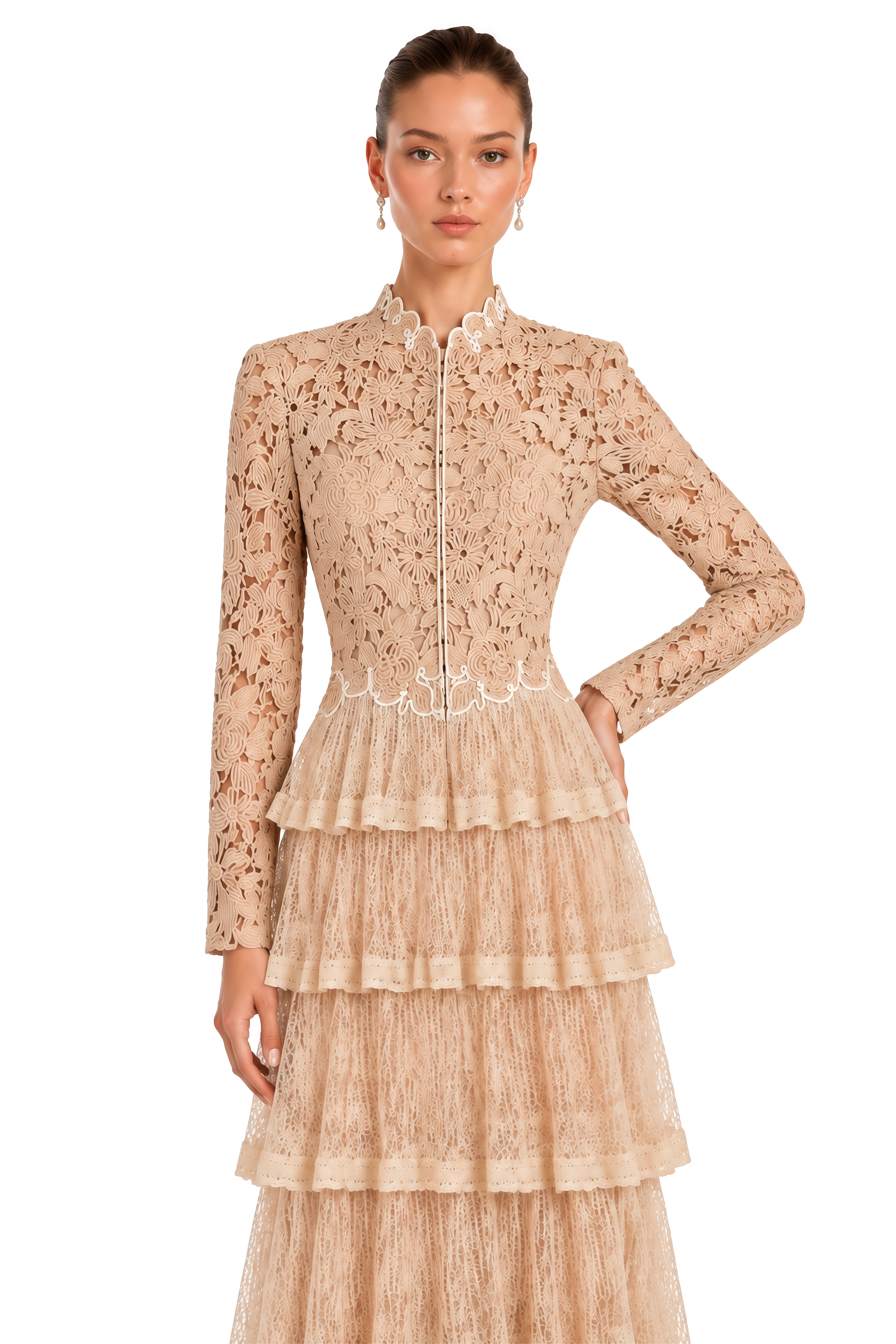 Oriana Neutral Floral Lace Tiered Maxi Dress