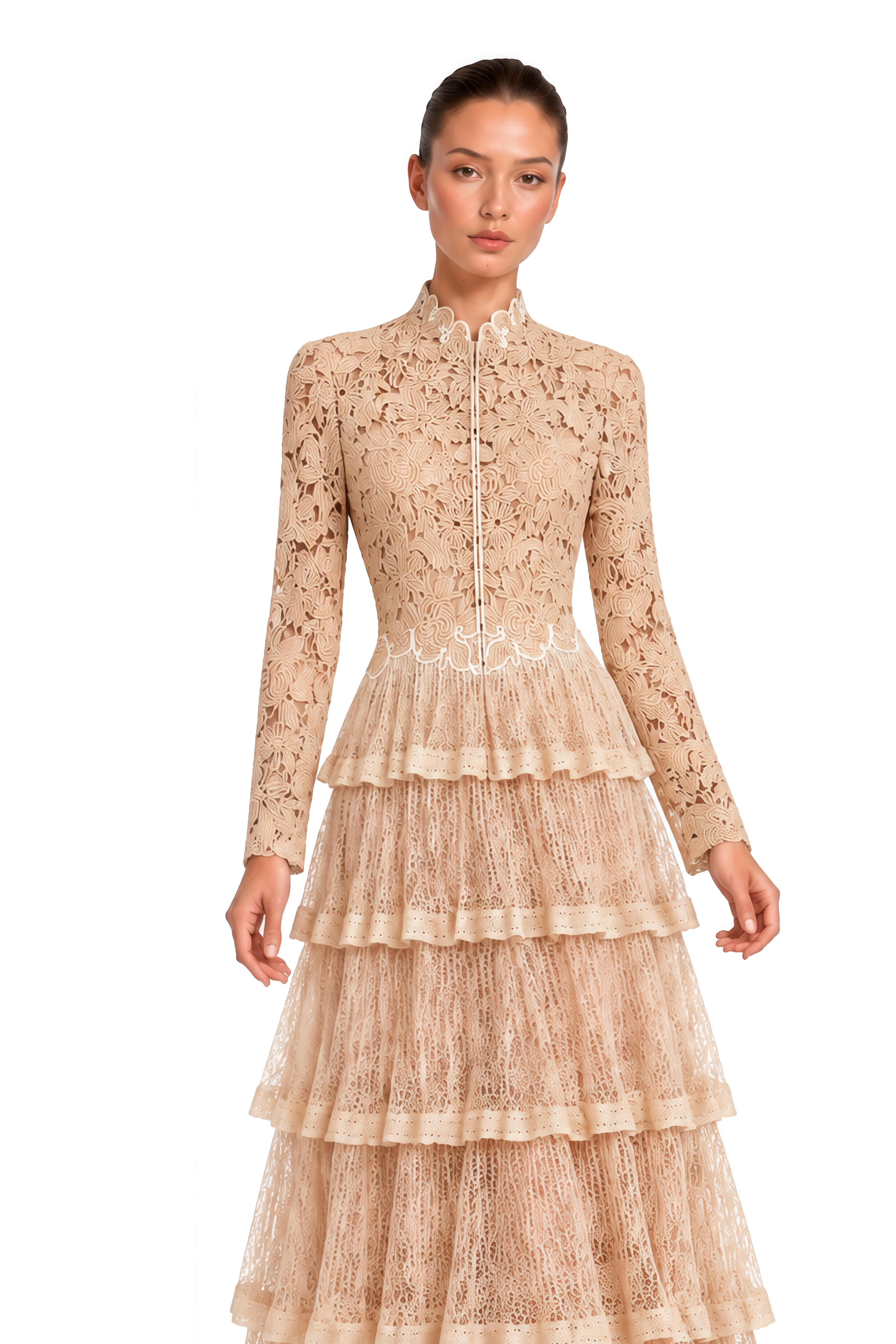 Oriana Neutral Floral Lace Tiered Maxi Dress