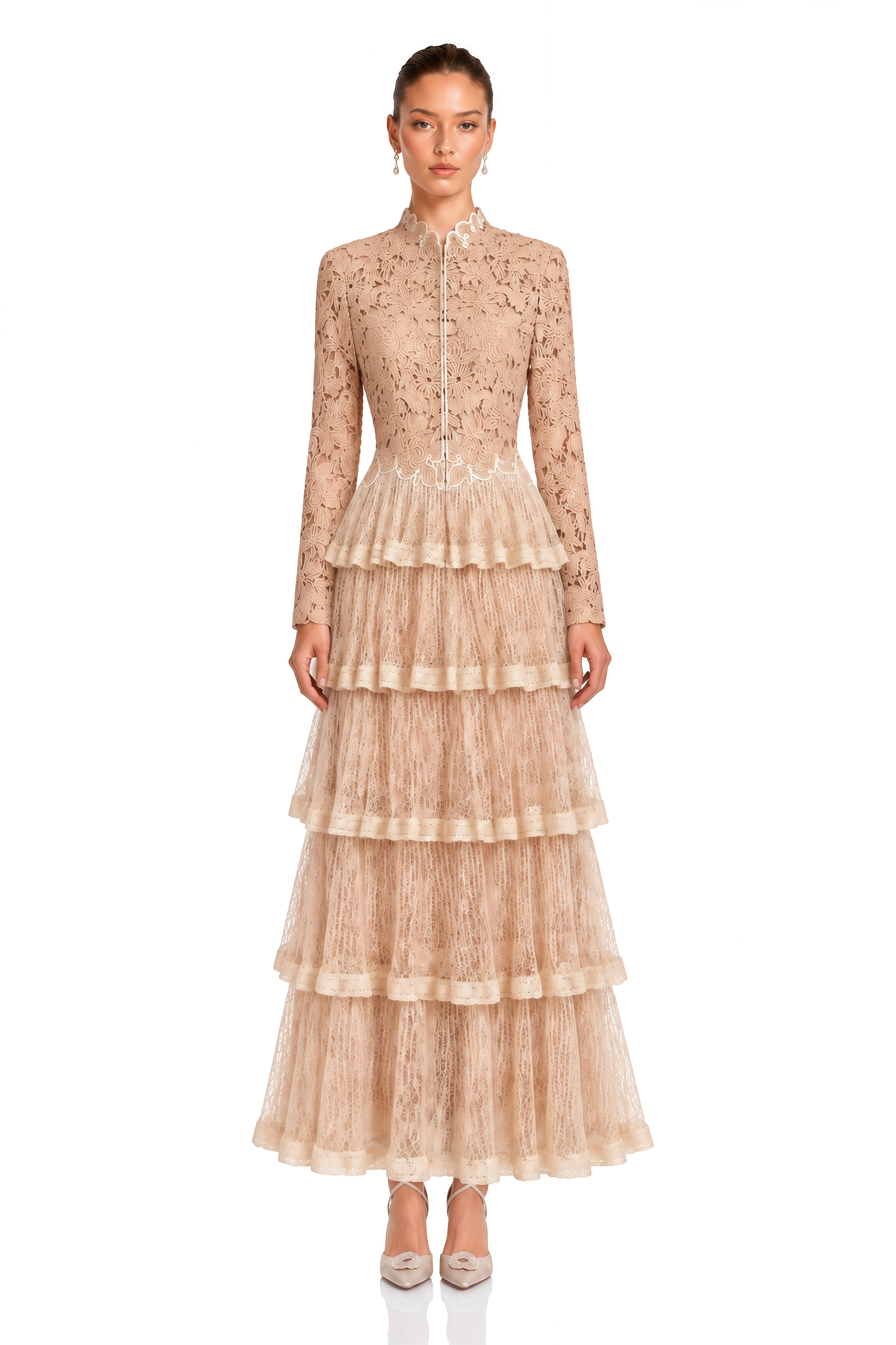 Oriana Neutral Floral Lace Tiered Maxi Dress