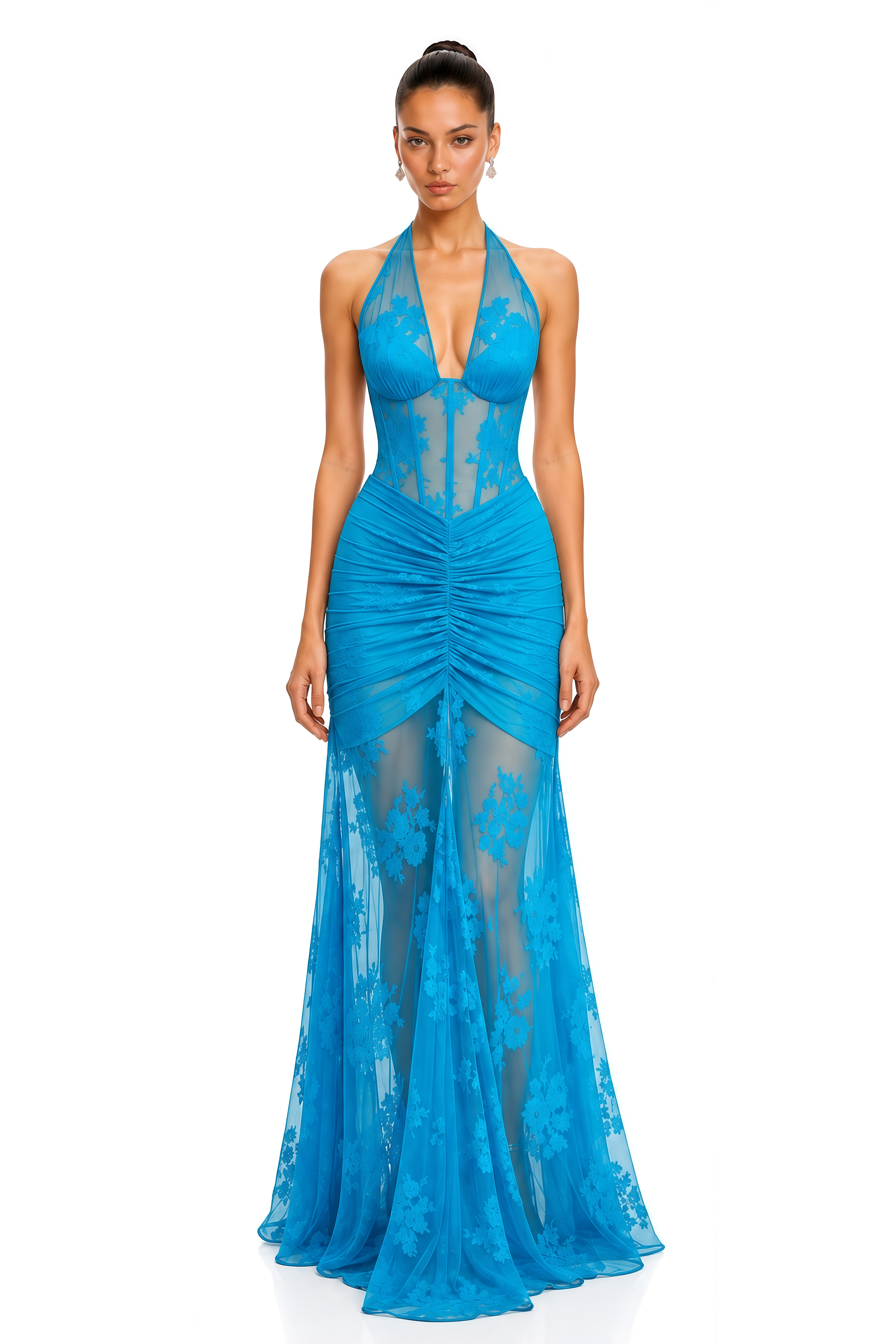Oriana Turquoise Halter Lace Ruched Maxi Dress