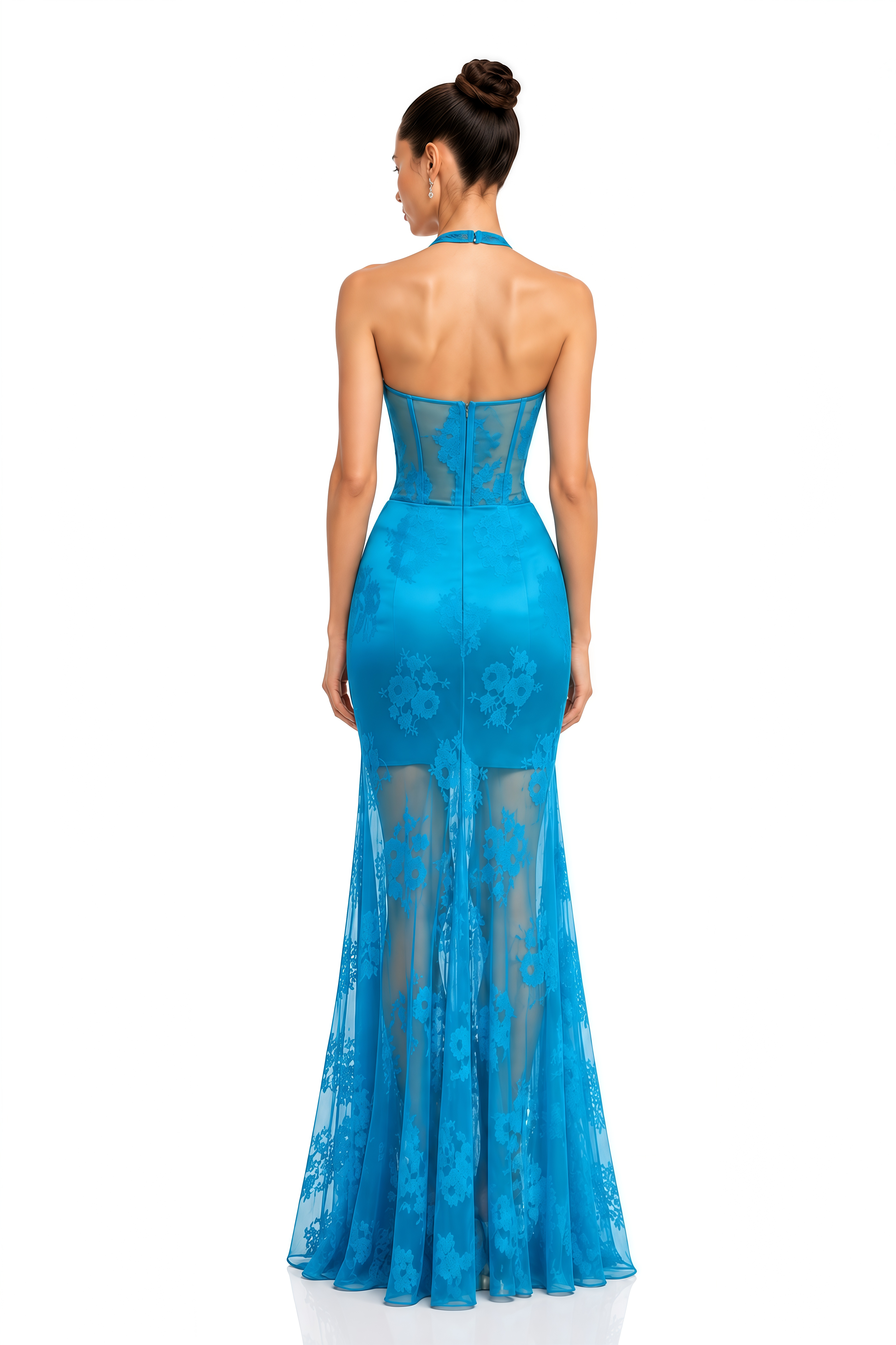 Oriana Turquoise Halter Lace Ruched Maxi Dress