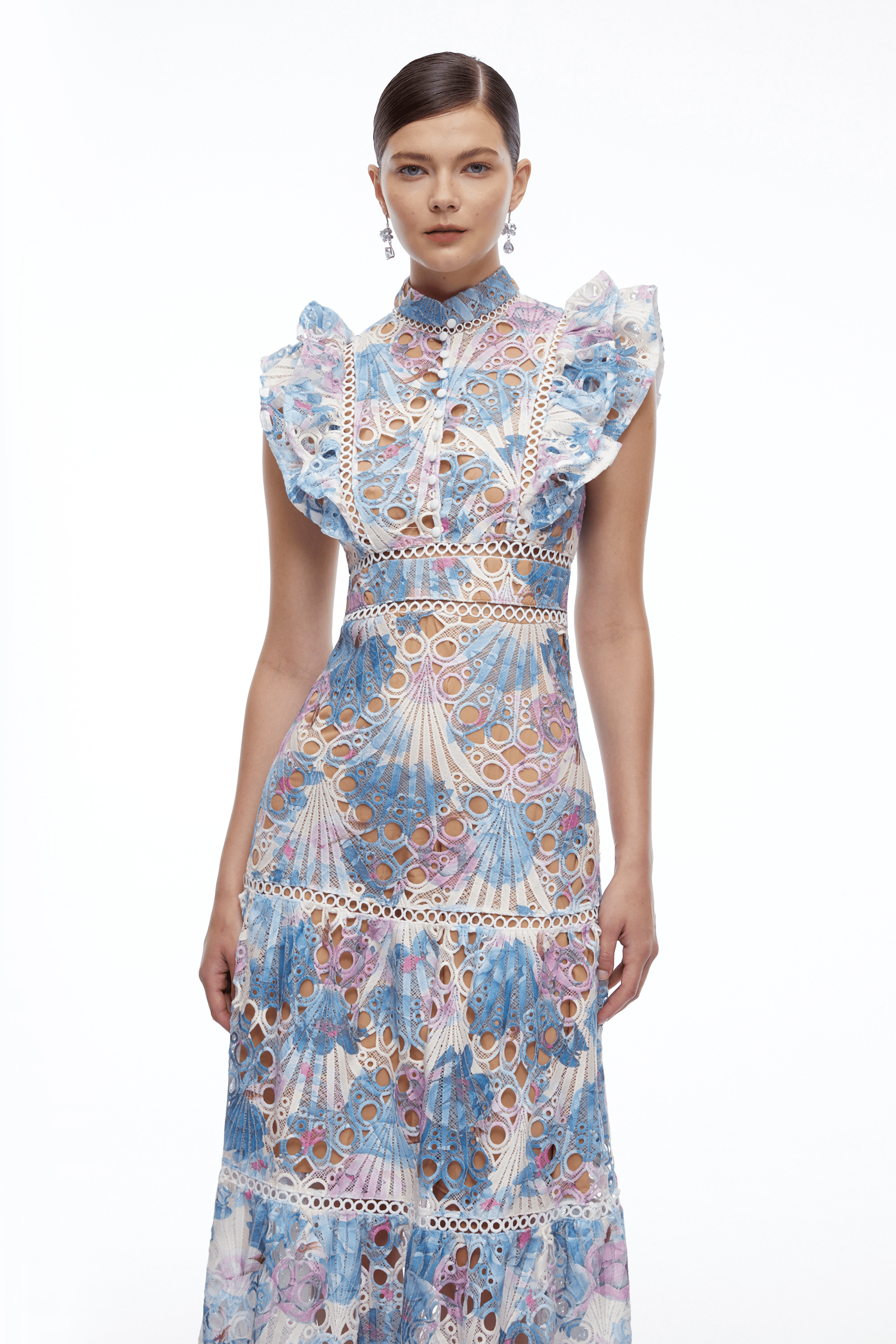 Oriane Blue Floral Print Eyelet Midi Dress with Ruffles
