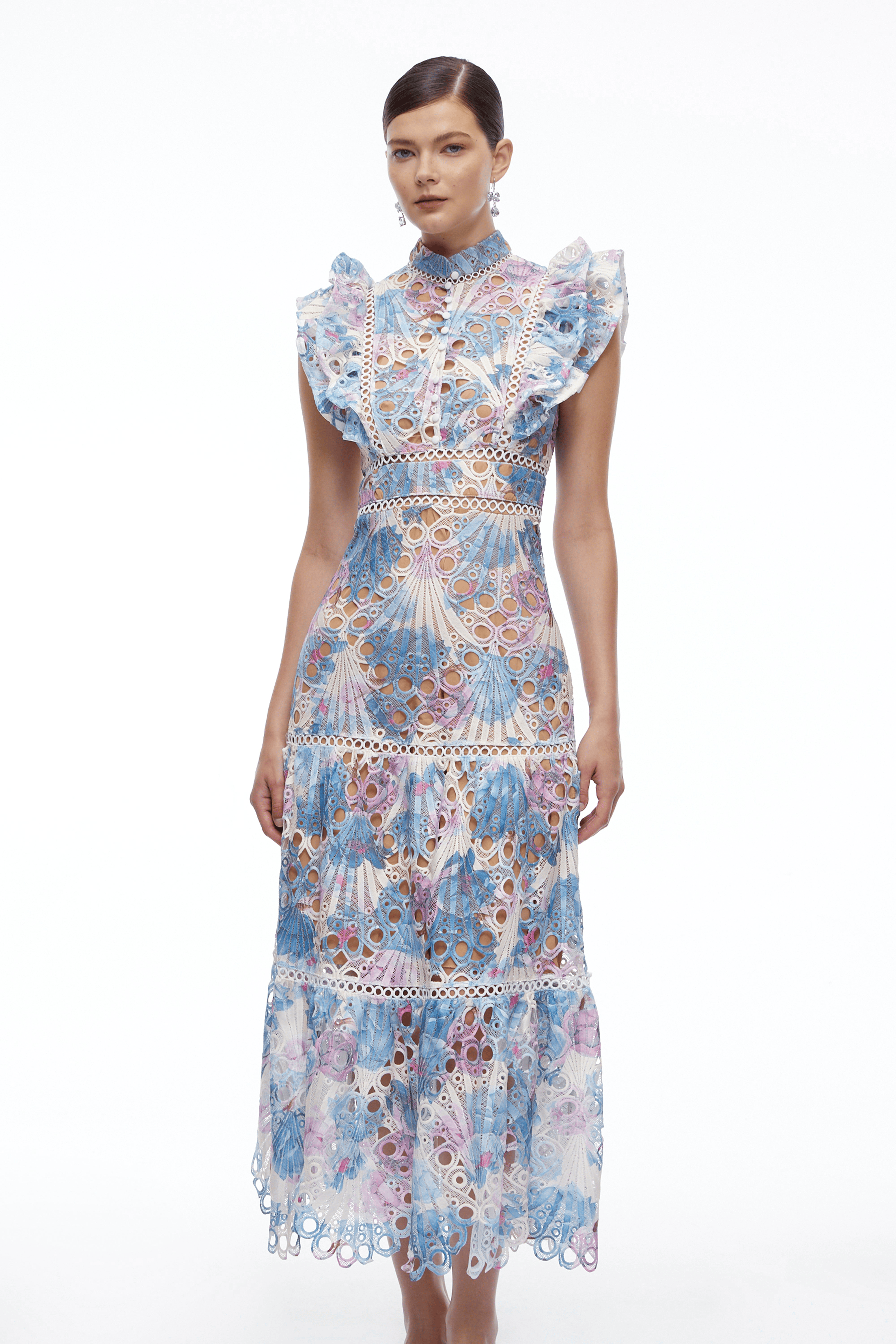 Oriane Blue Floral Print Eyelet Midi Dress with Ruffles