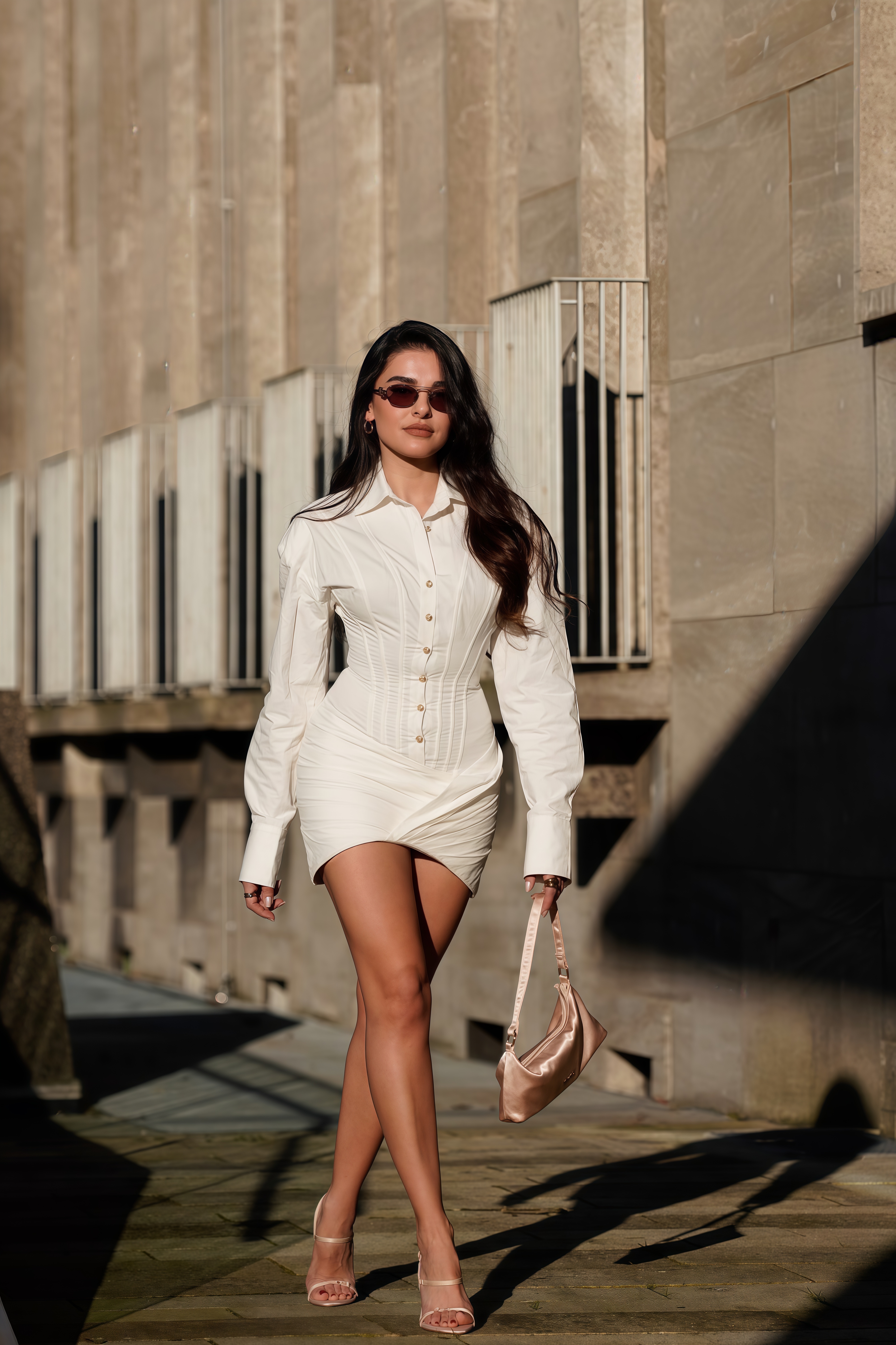 Orlane White Cinched-Waist Pleated Mini Shirt Dress