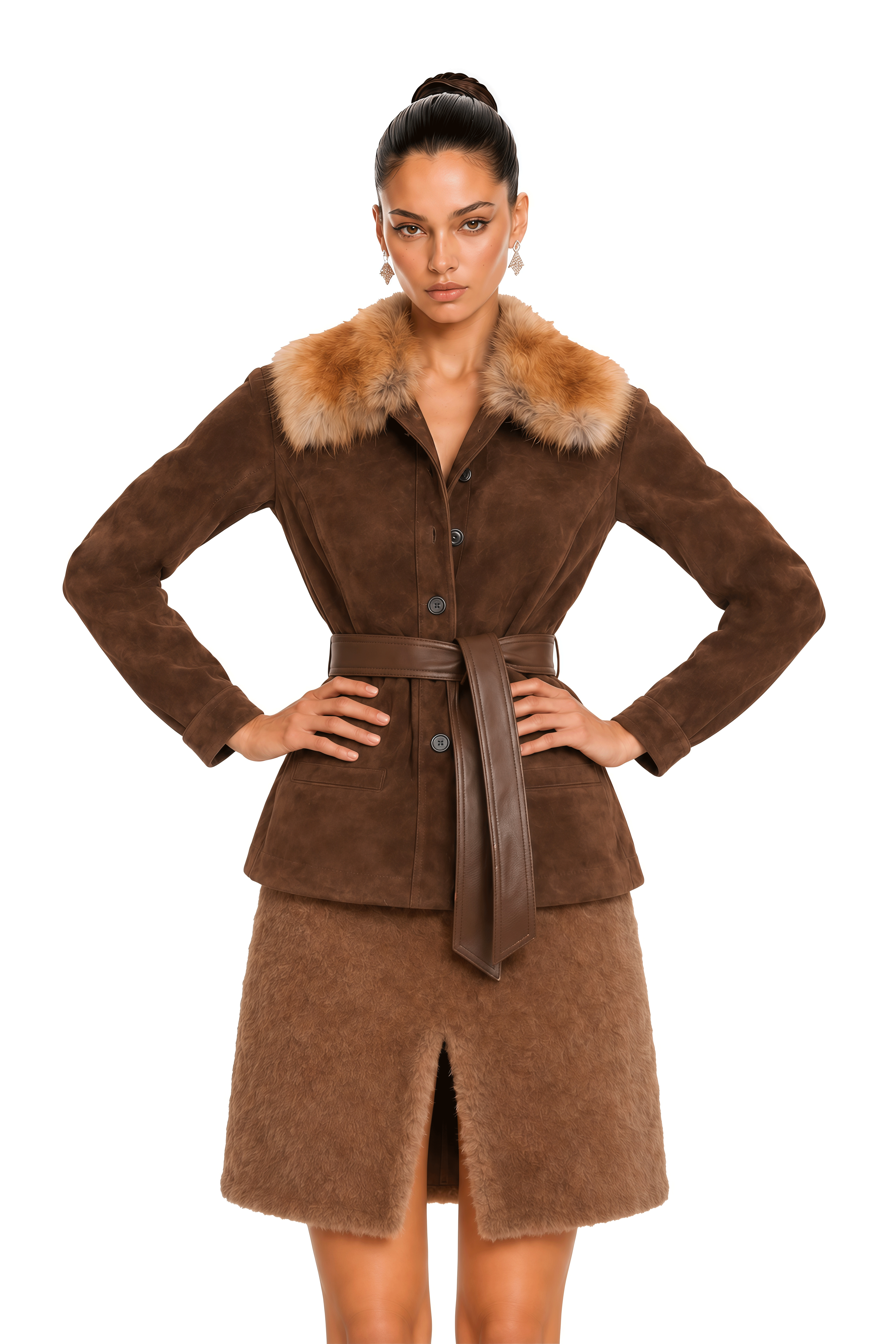 Ottavia Brown Fur Collar Belted Jacket