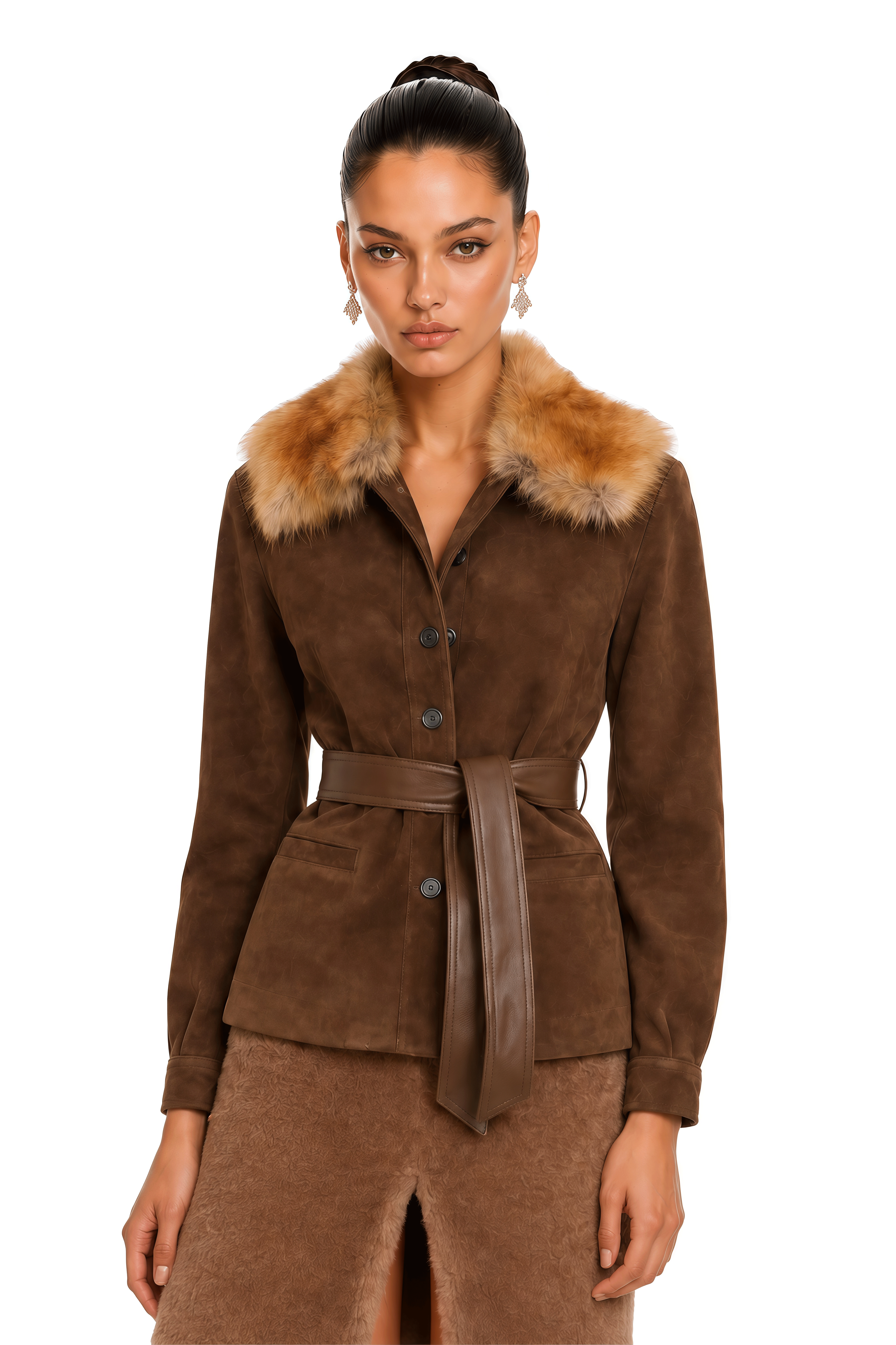 Ottavia Brown Fur Collar Belted Jacket