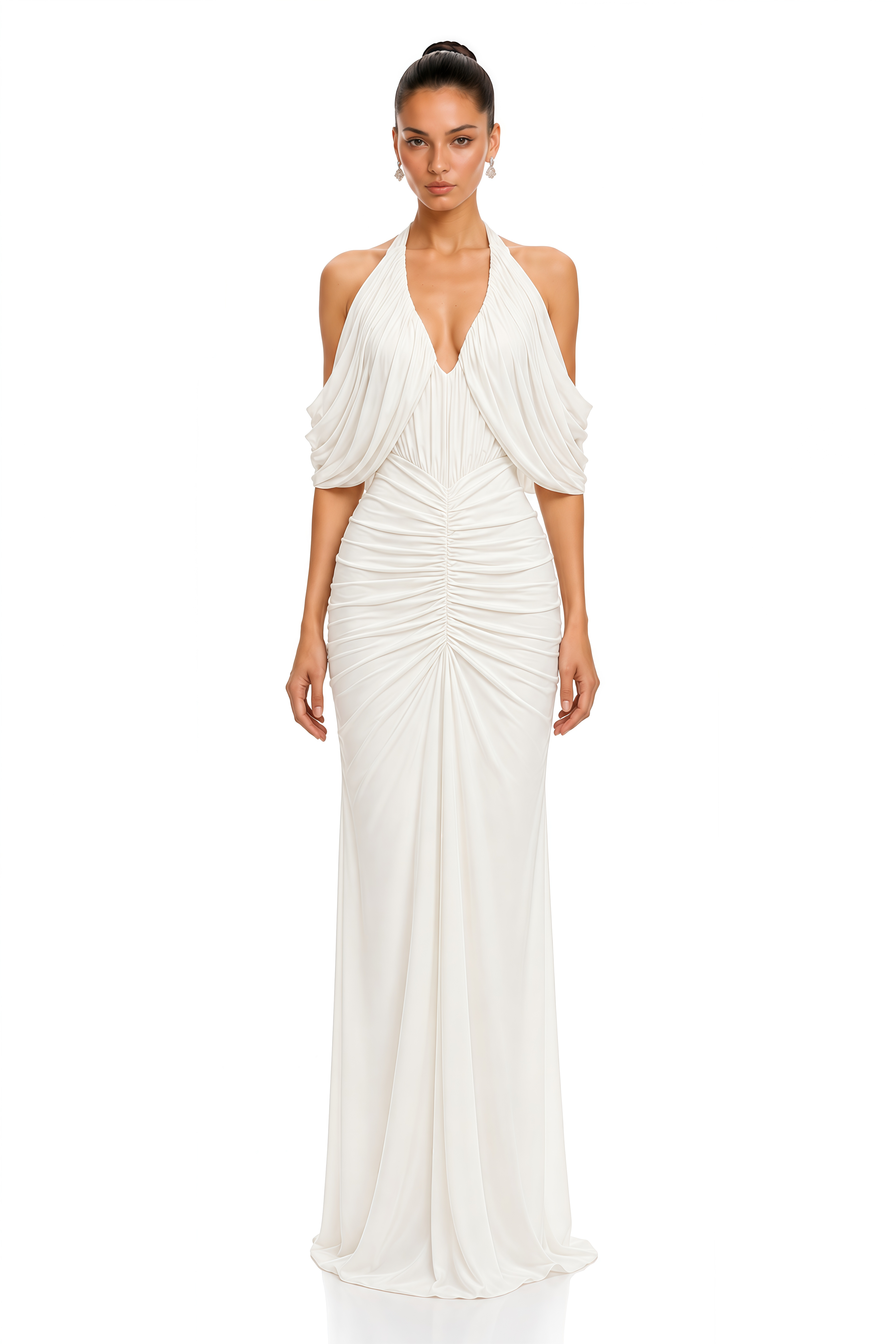 Ottavia White Halterneck Ruched Maxi Dress