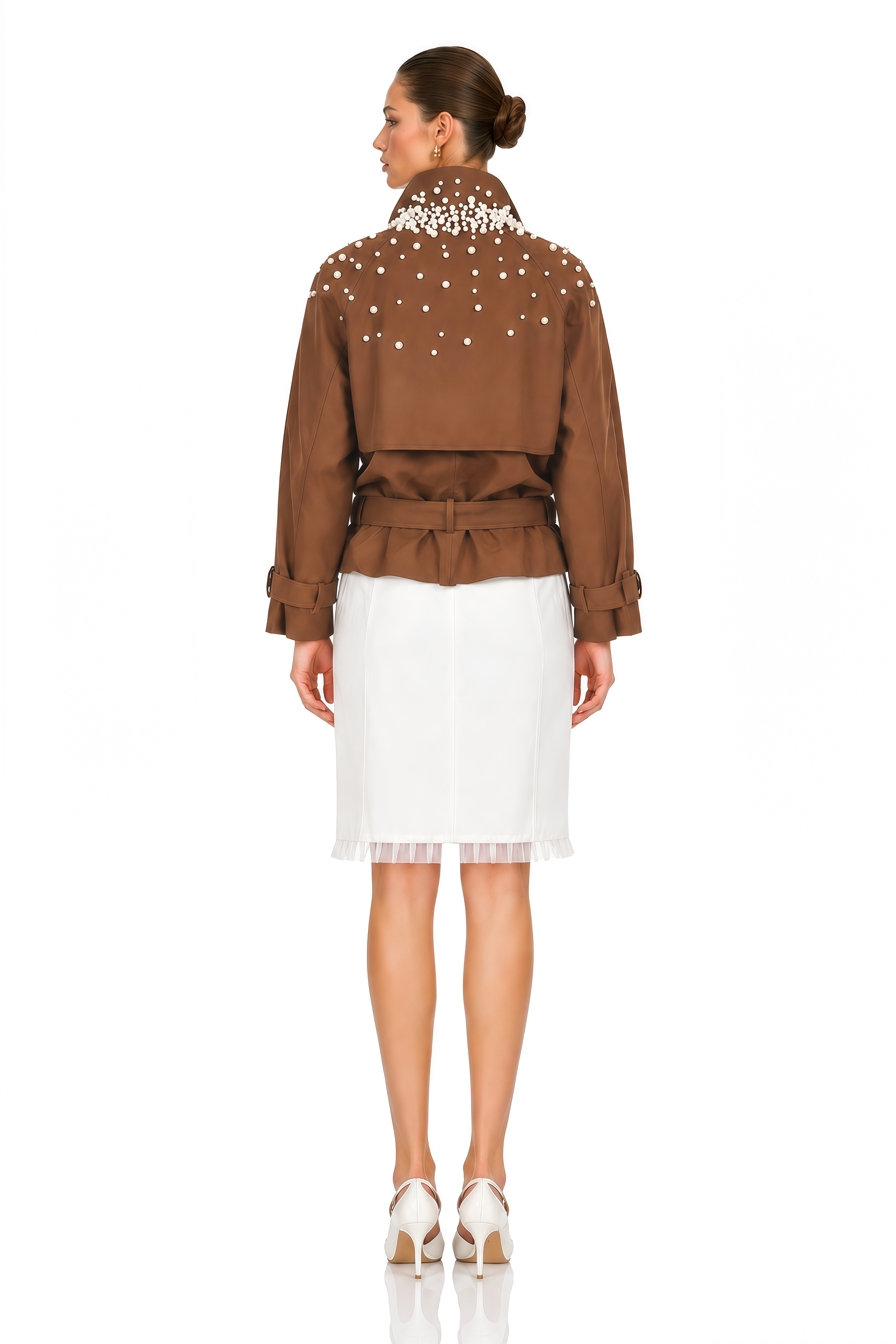 Ottilie Brown Pearl Embellished Belted Jacket
