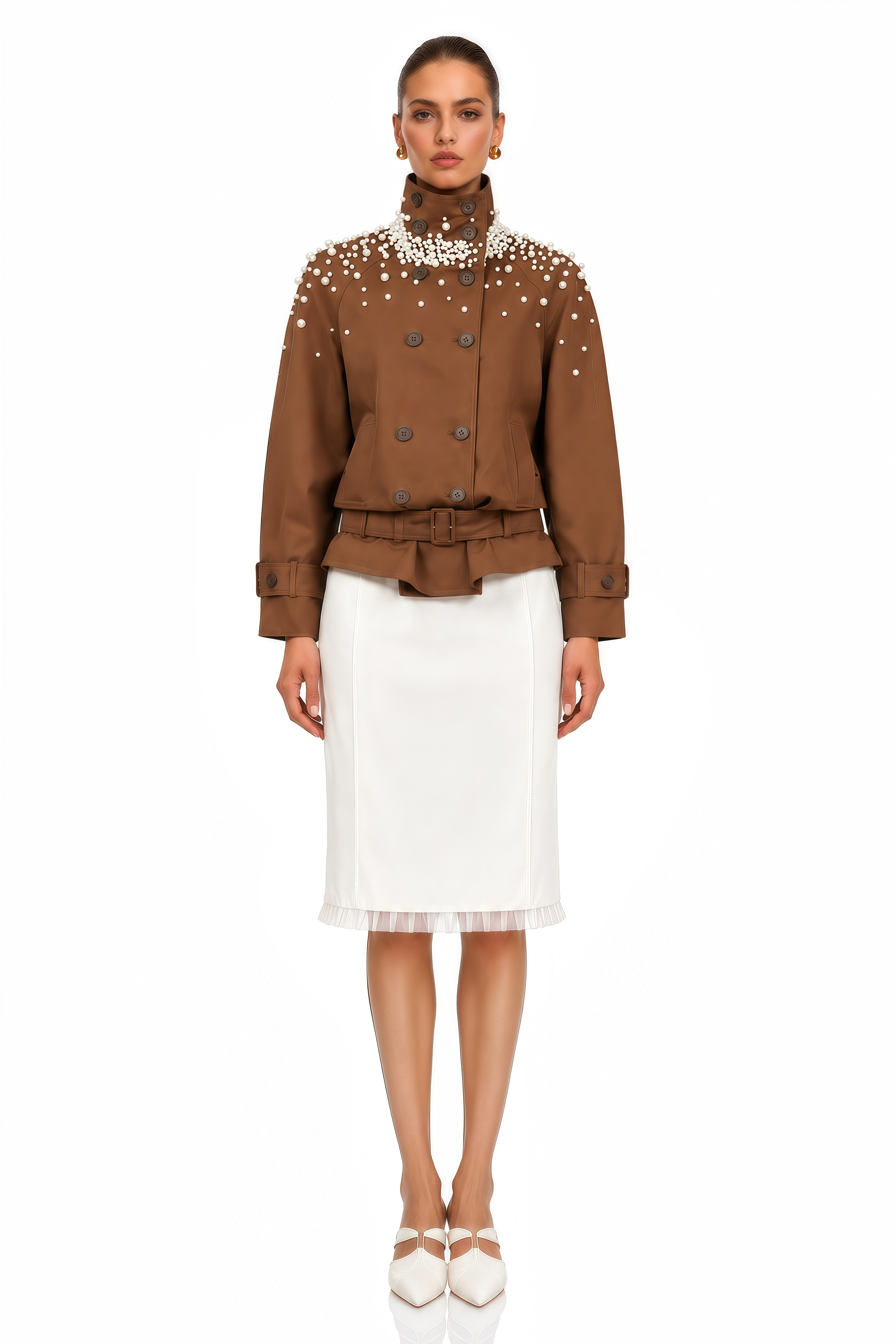 Ottilie Brown Pearl Embellished Belted Jacket