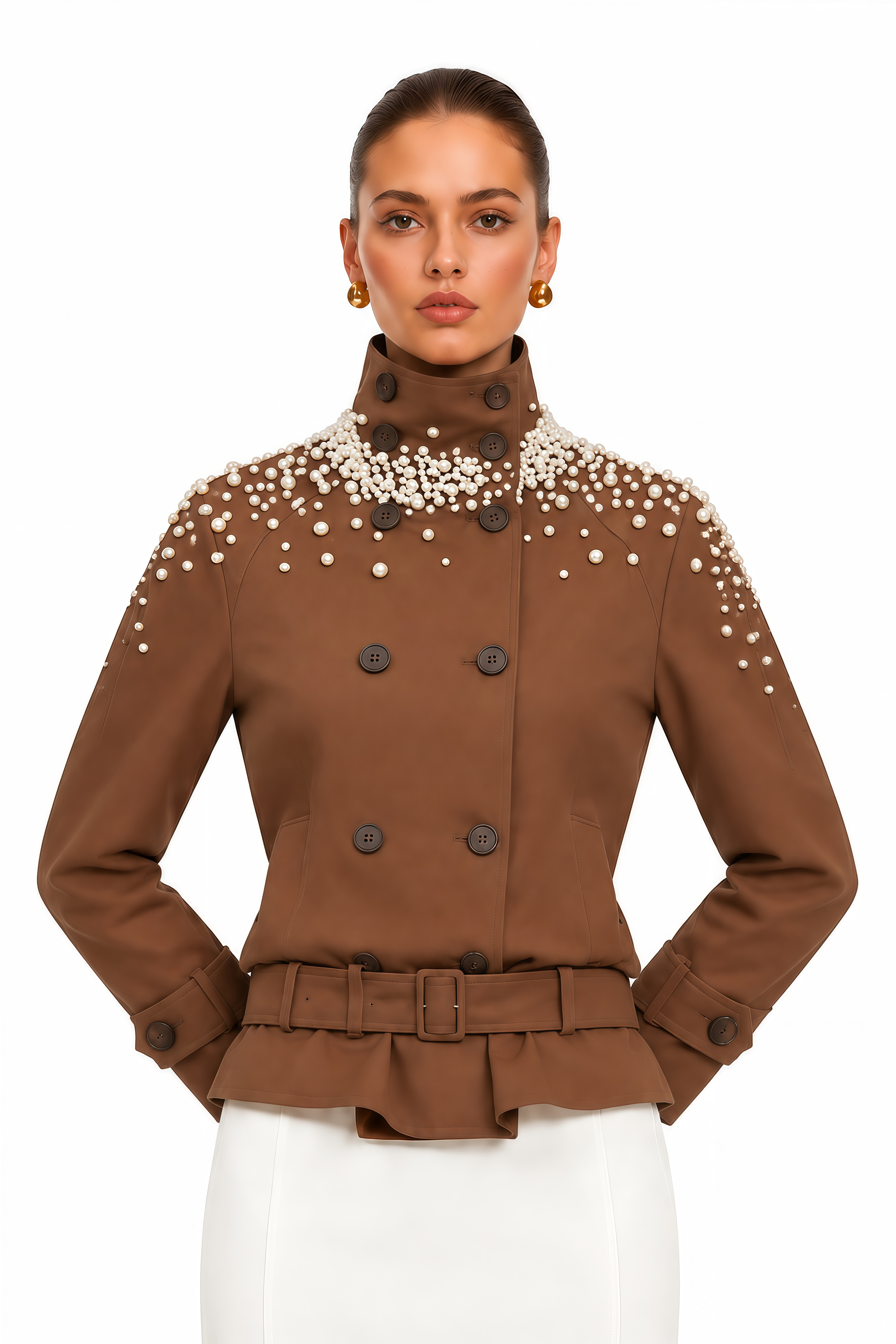 Ottilie Brown Pearl Embellished Belted Jacket