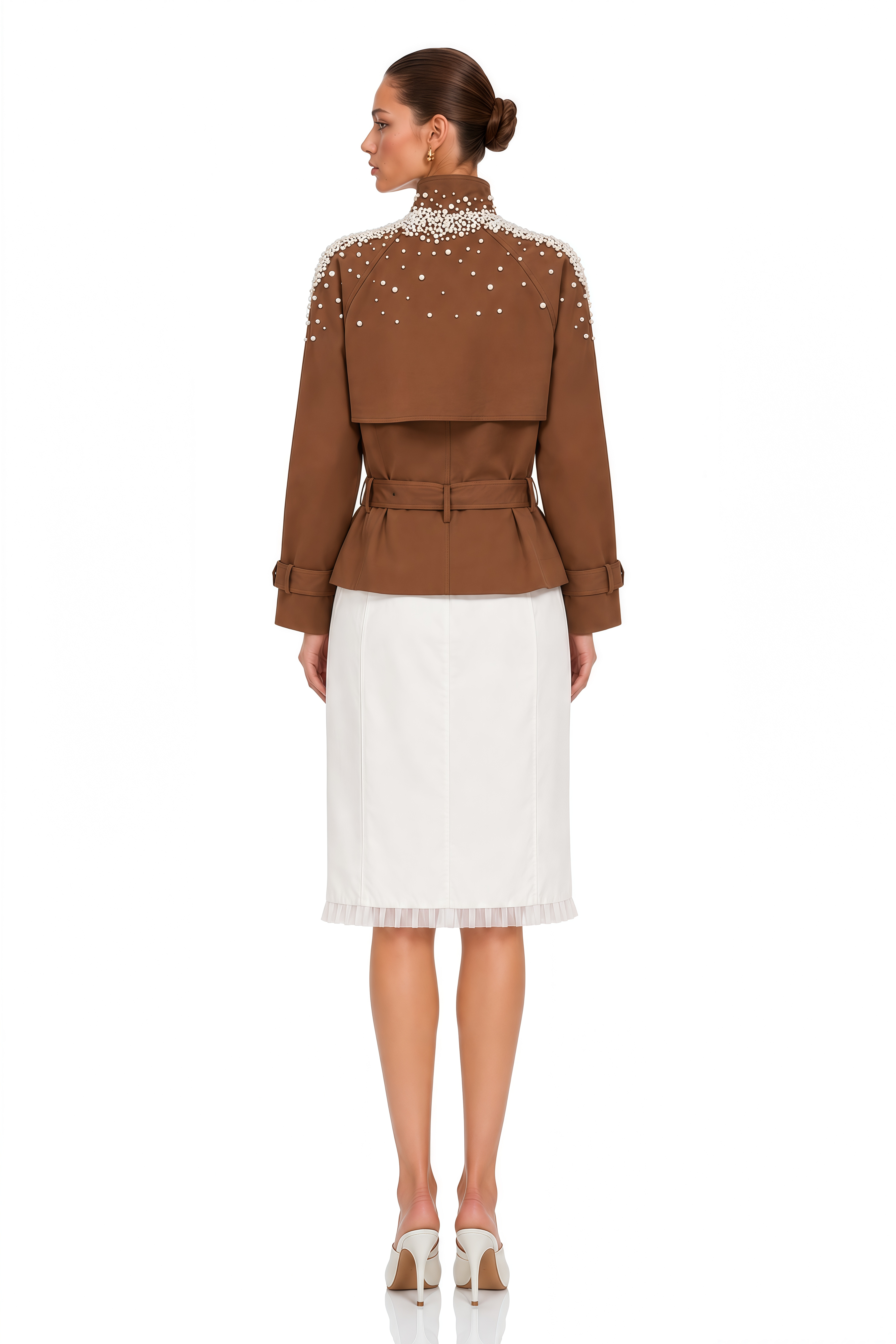 Ottilie Brown Pearl Embellished Belted Jacket