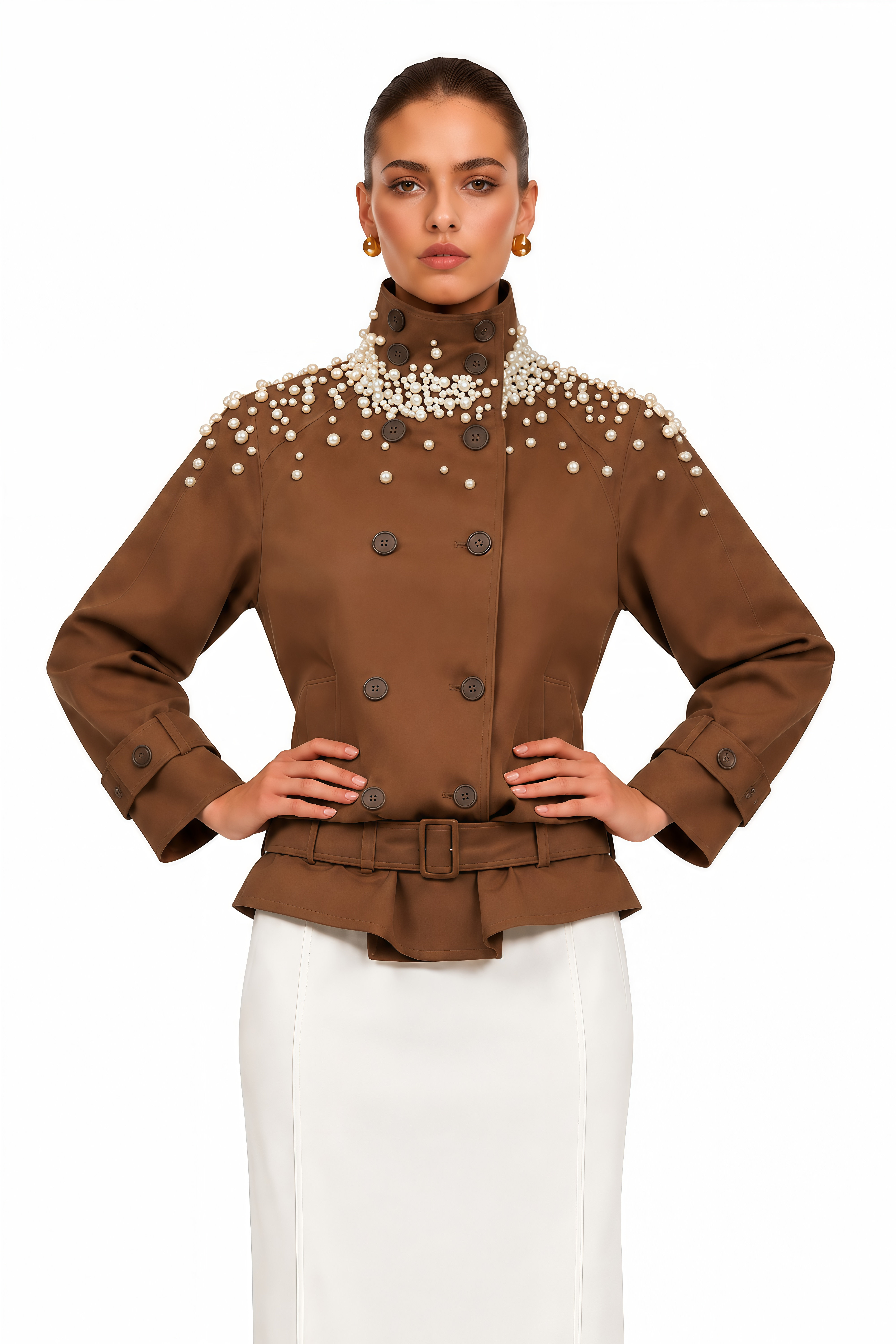 Ottilie Brown Pearl Embellished Belted Jacket
