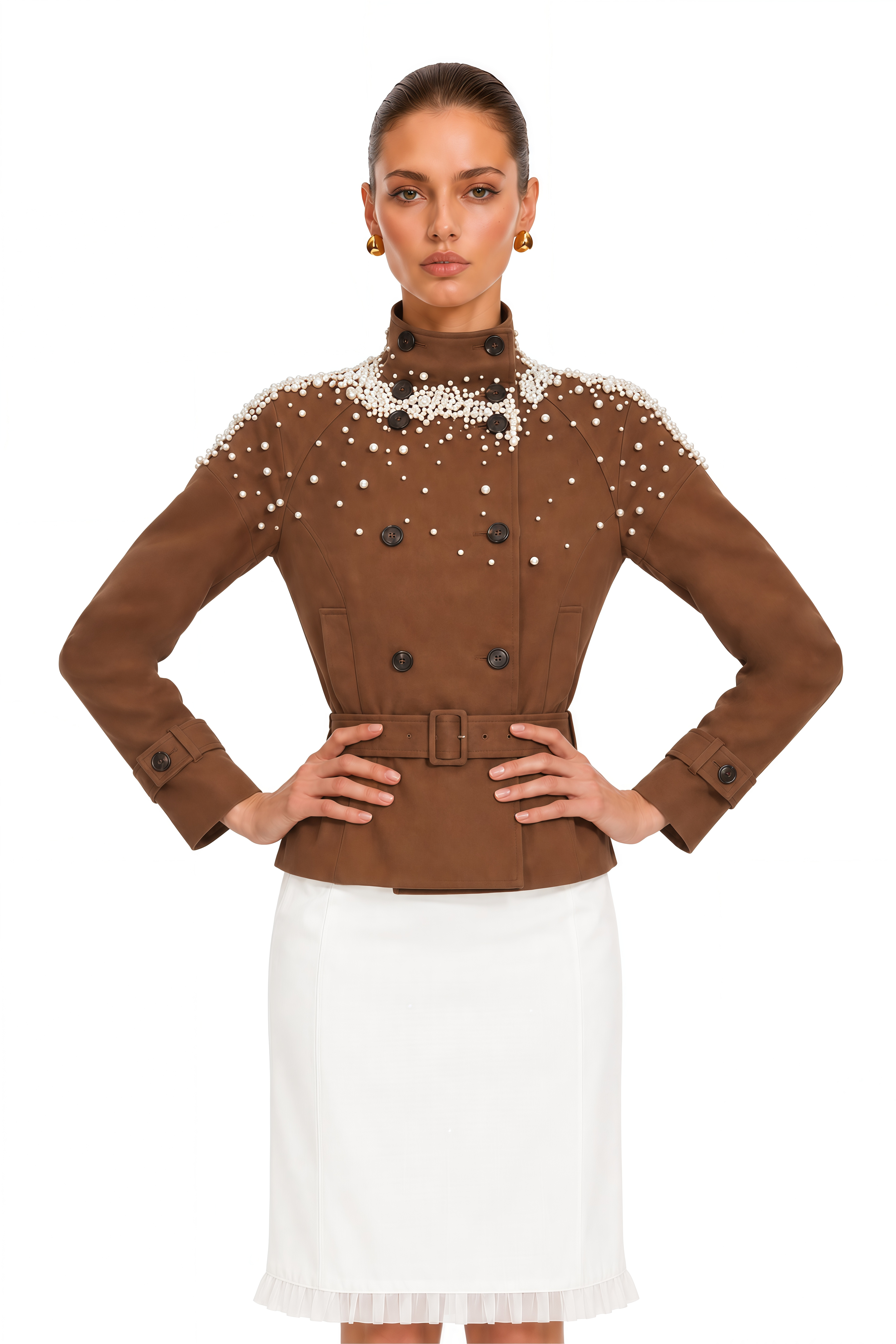 Ottilie Brown Pearl Embellished Belted Jacket