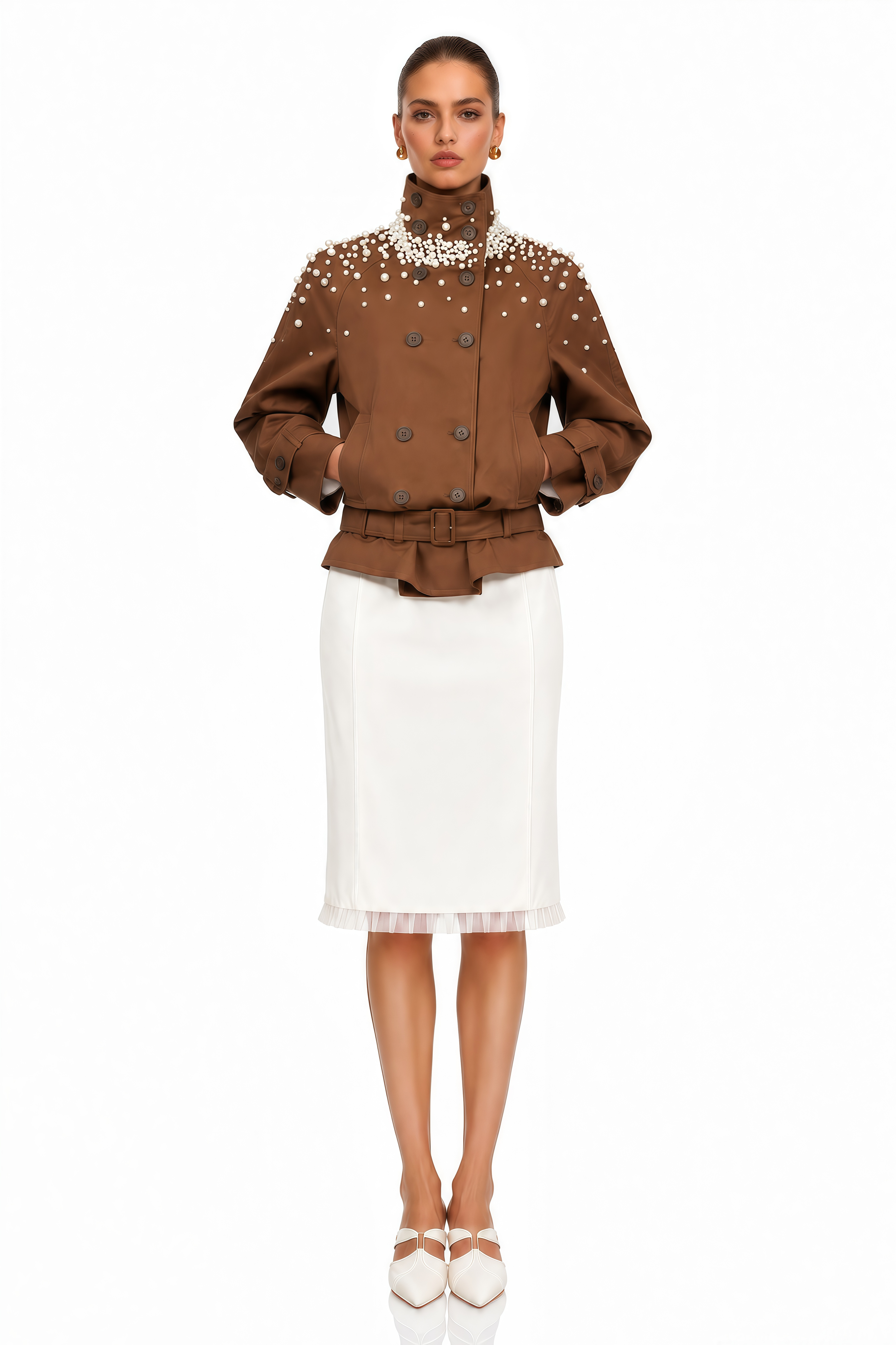 Ottilie Brown Pearl Embellished Belted Jacket