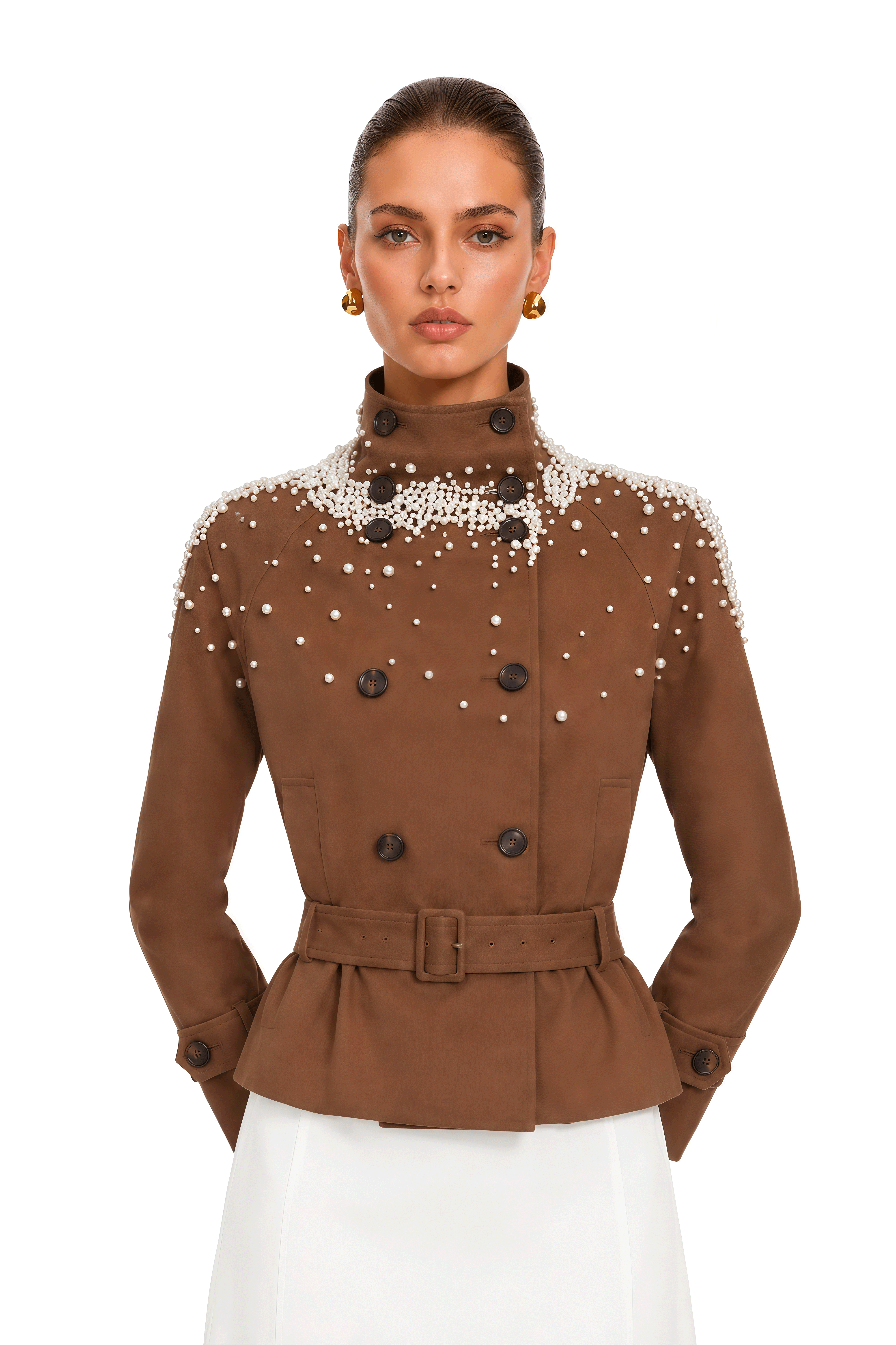 Ottilie Brown Pearl Embellished Belted Jacket