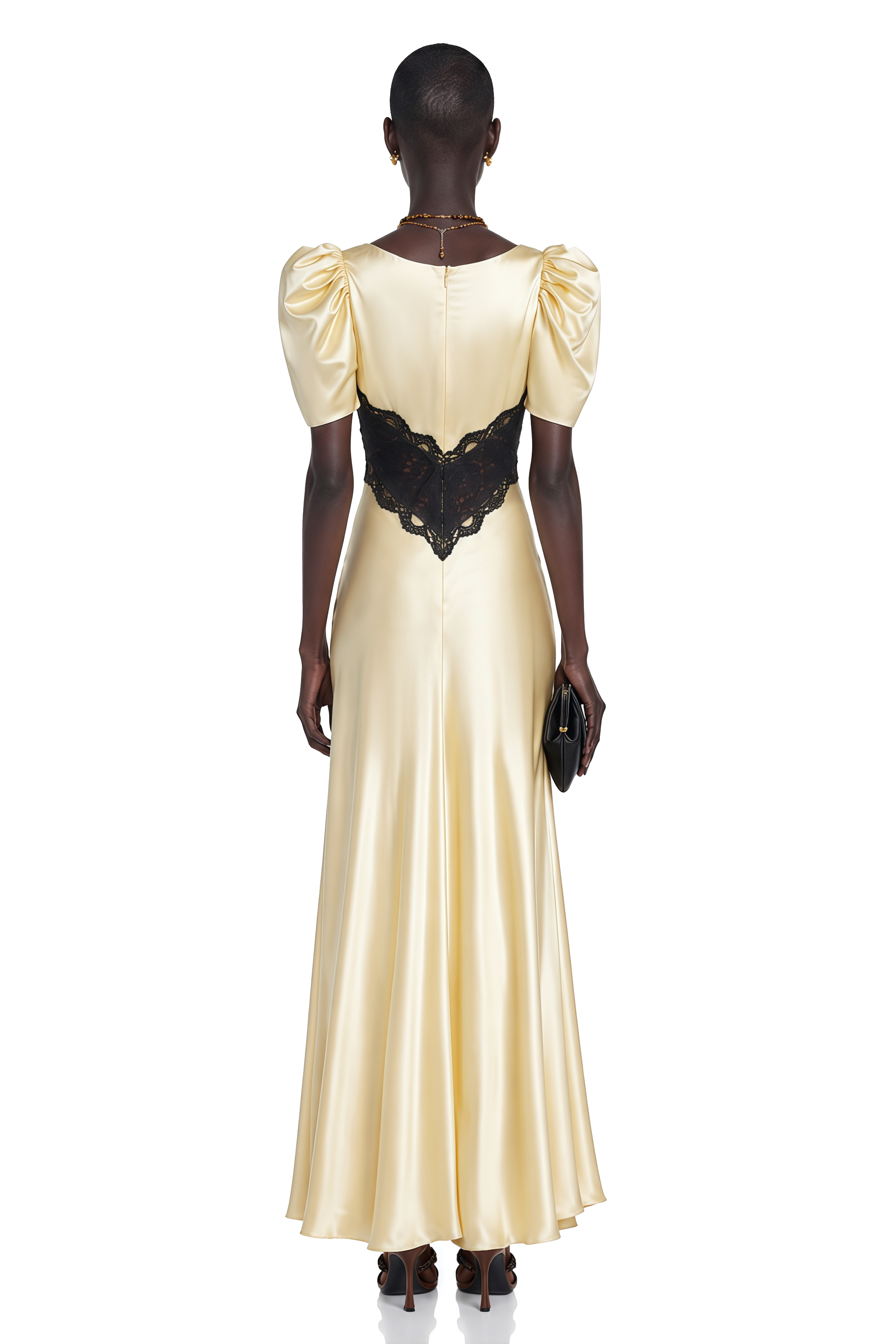 Ottilie Yellow Contrast Lace Satin Maxi Dress