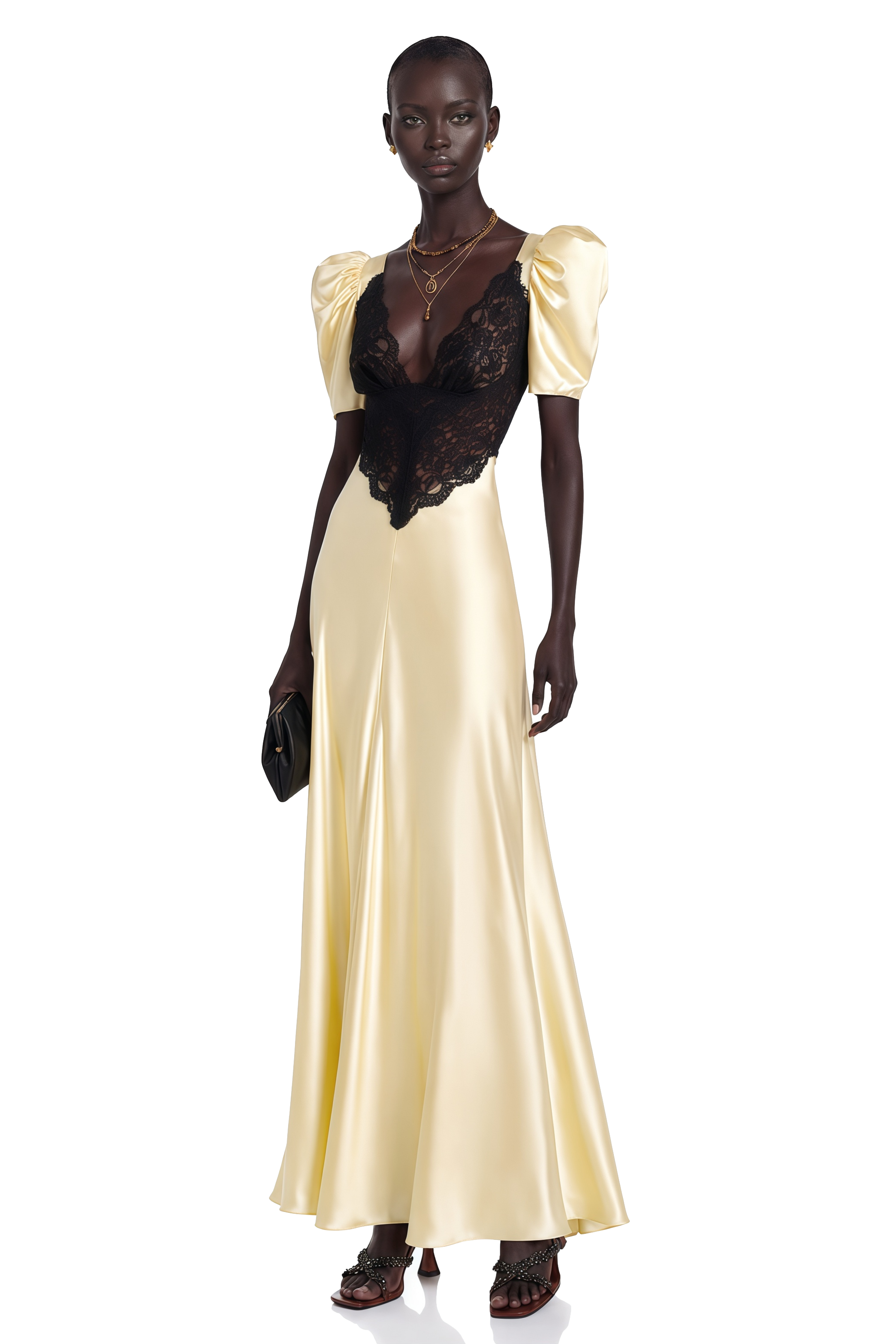Ottilie Yellow Contrast Lace Satin Maxi Dress