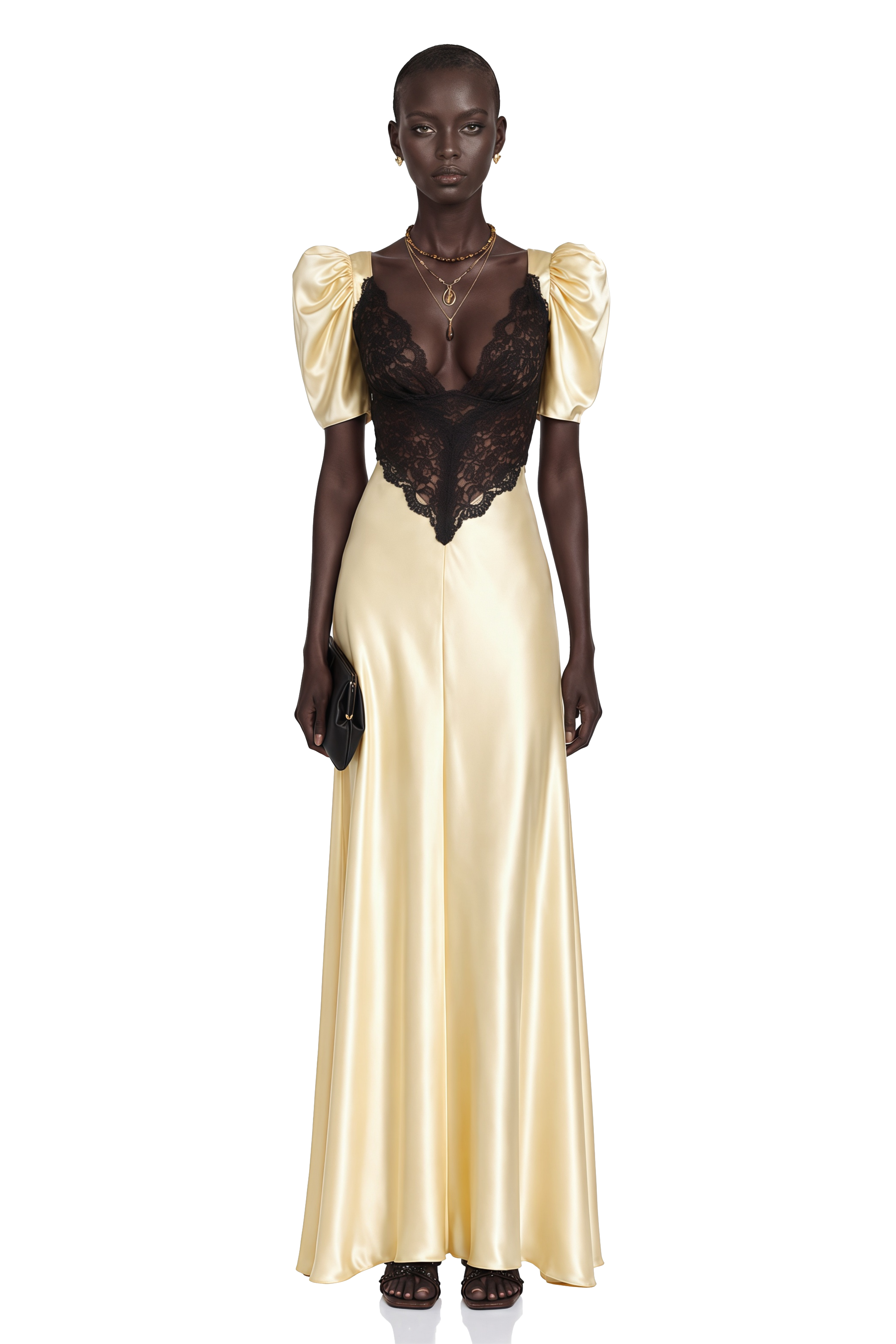 Ottilie Yellow Contrast Lace Satin Maxi Dress