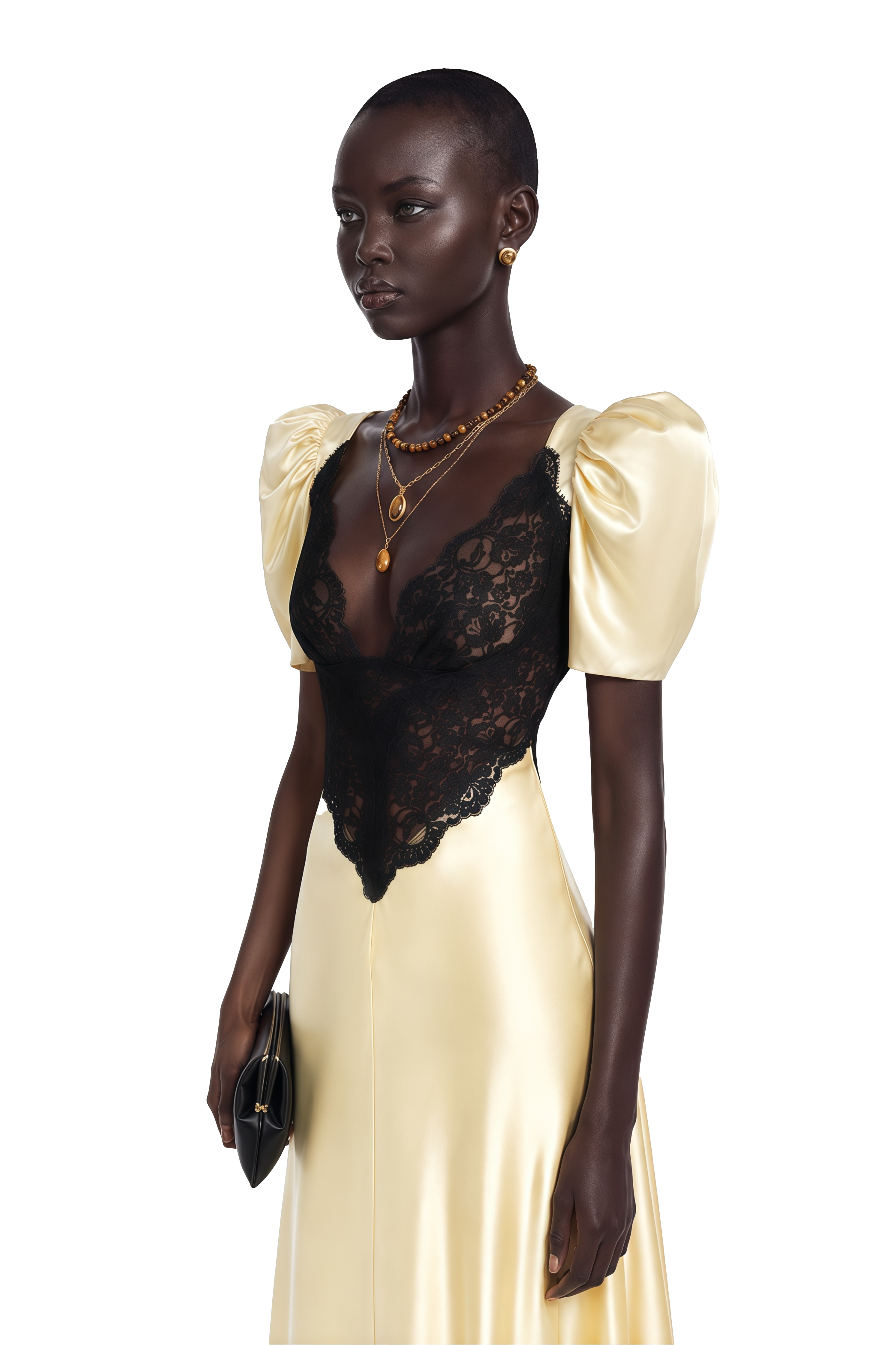 Ottilie Yellow Contrast Lace Satin Maxi Dress