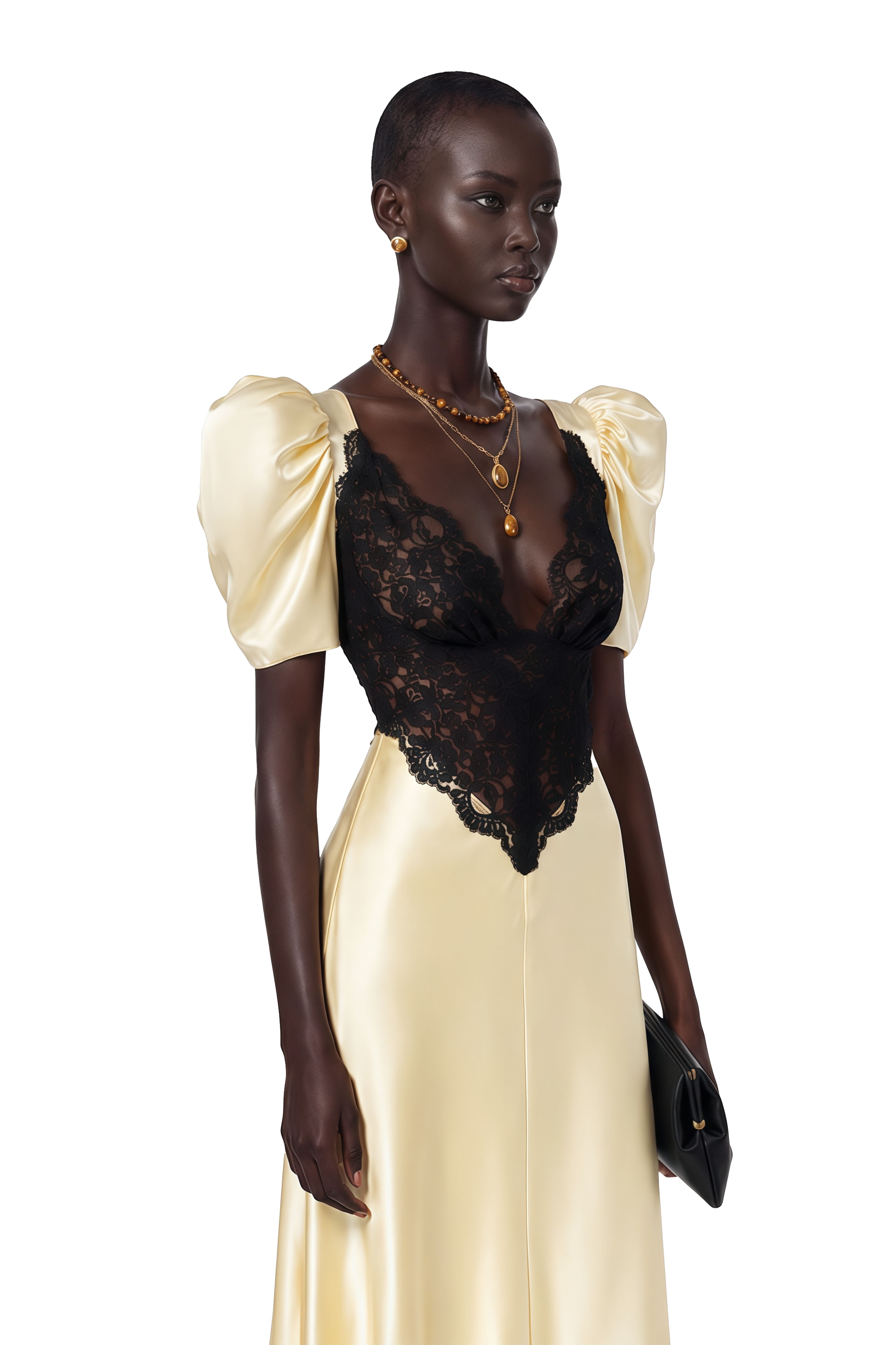 Ottilie Yellow Contrast Lace Satin Maxi Dress