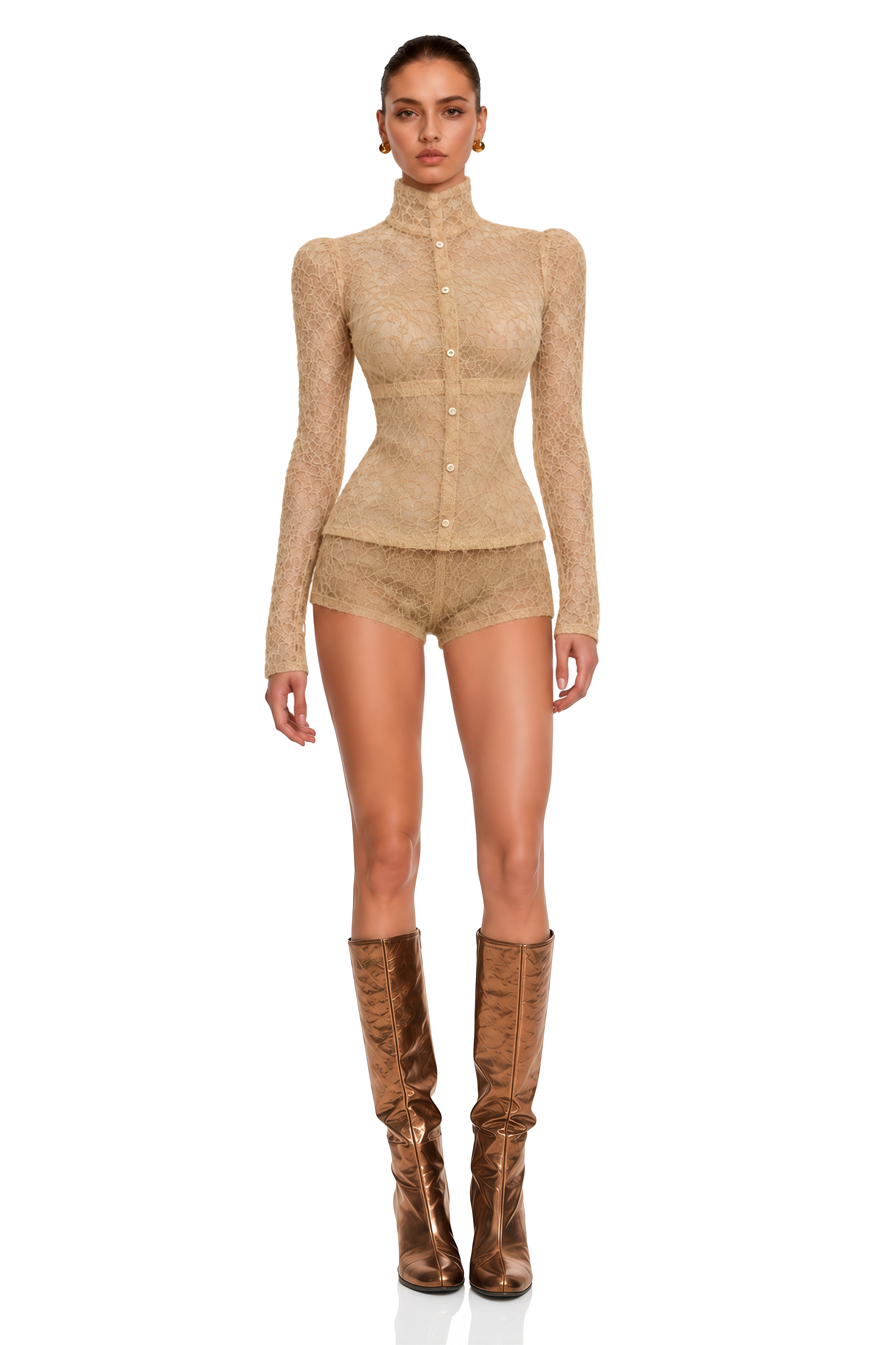 Paislee Neutral Lace High Neck Long Sleeve Jacket & Shorts Set