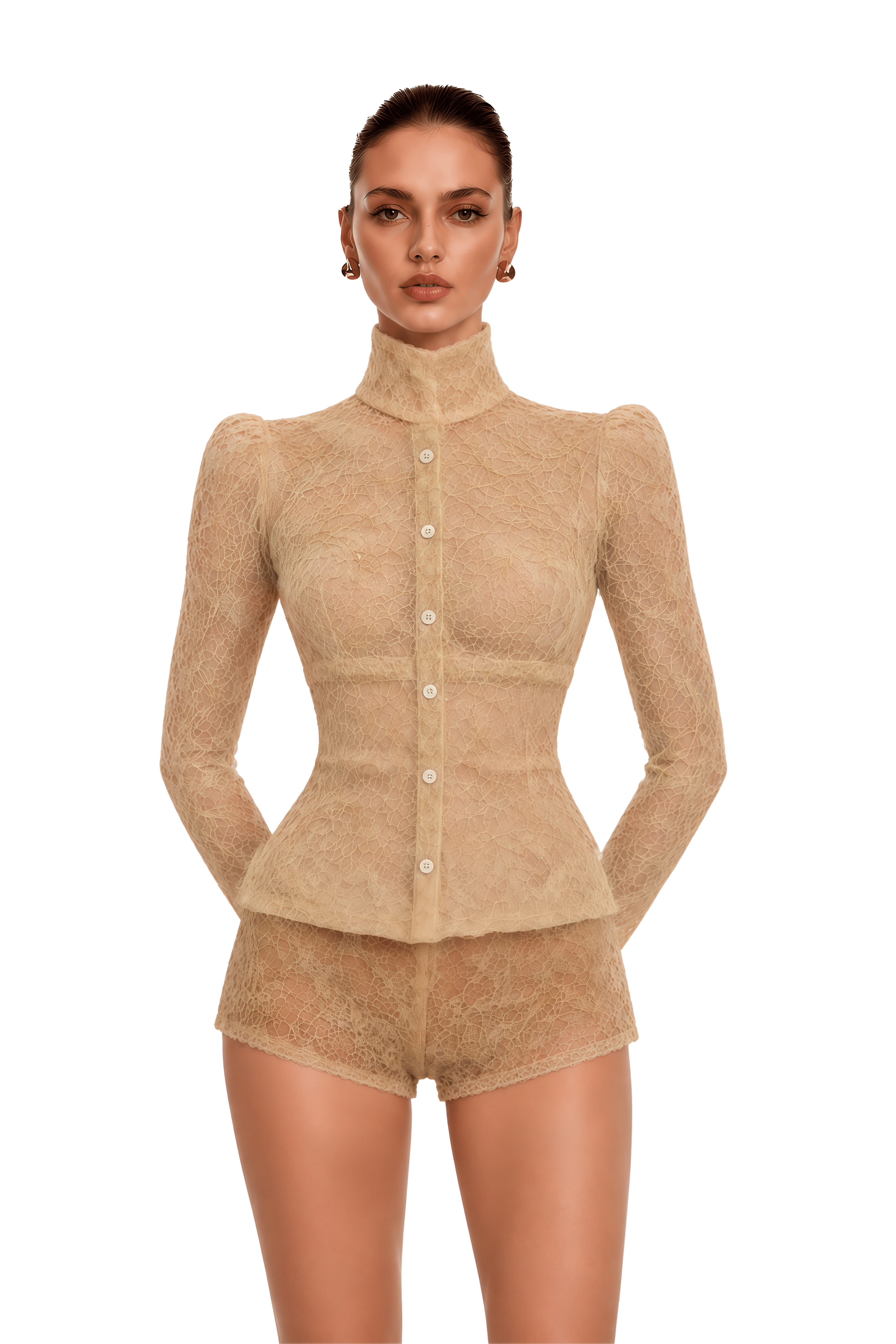 Paislee Neutral Lace High Neck Long Sleeve Jacket & Shorts Set
