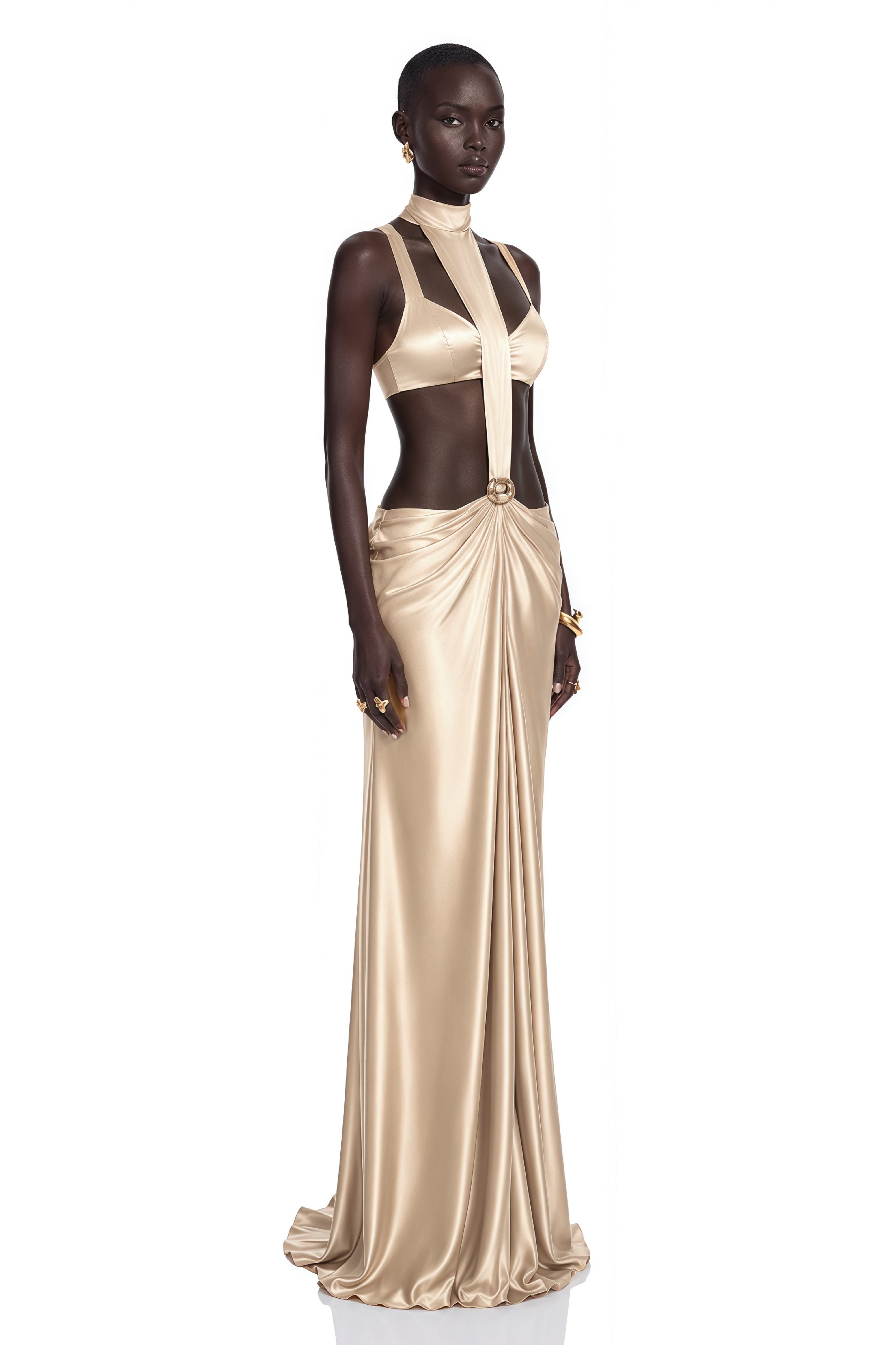 Paloma Champagne Cut-Out Halterneck Satin Maxi Dress