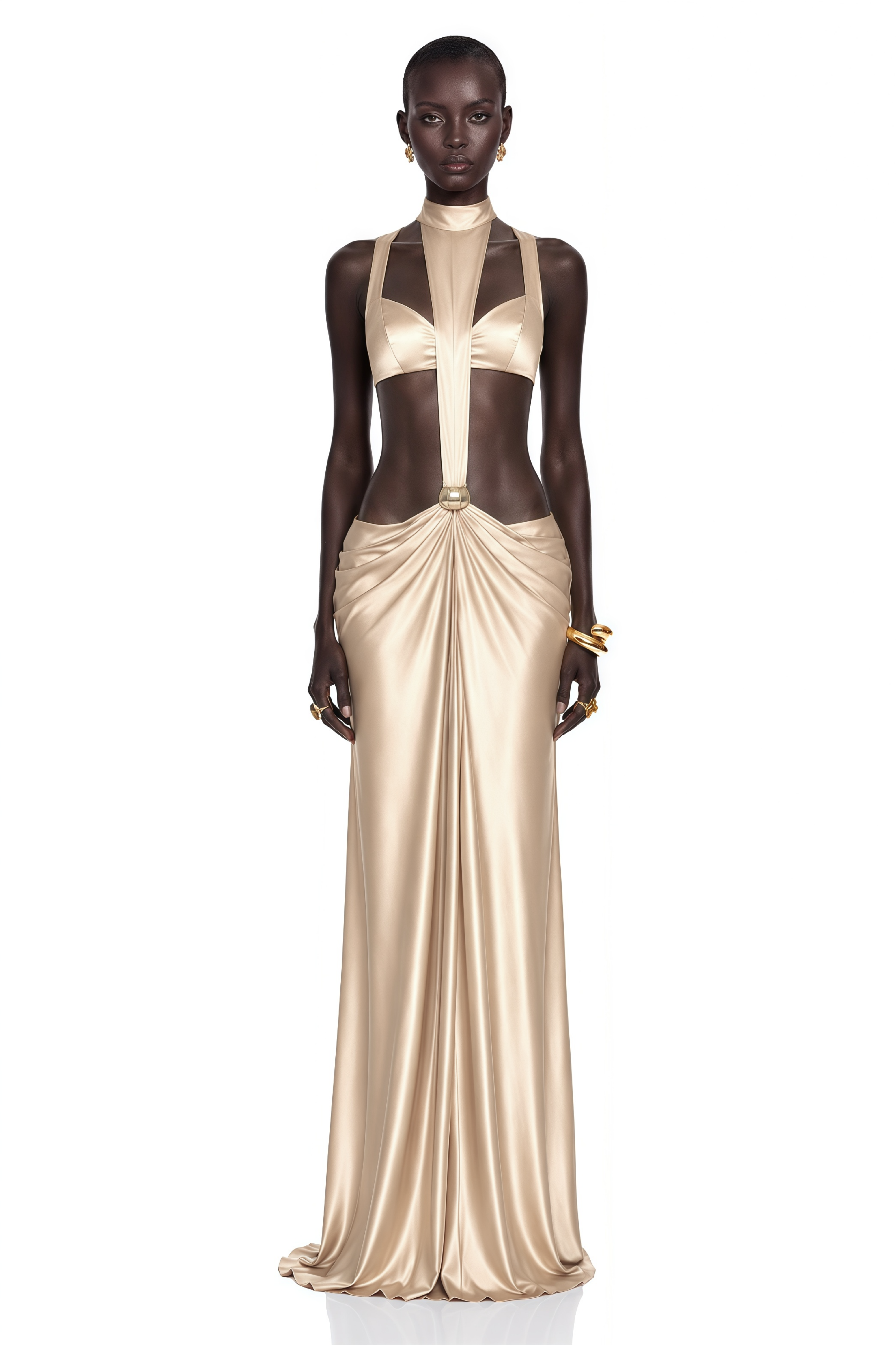 Paloma Champagne Cut-Out Halterneck Satin Maxi Dress
