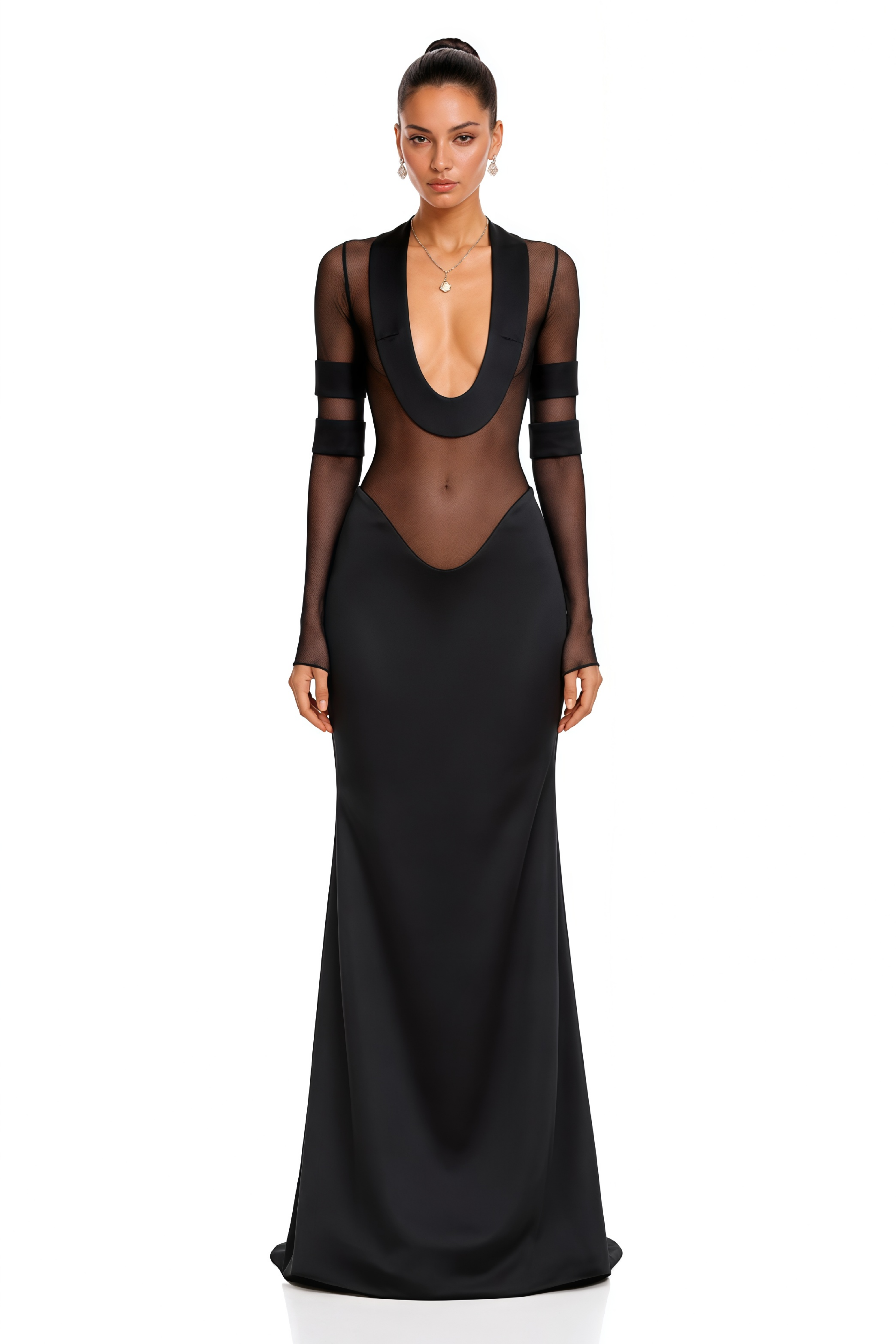 Black plunge-neck gown with sheer mesh torso and long sleeves
