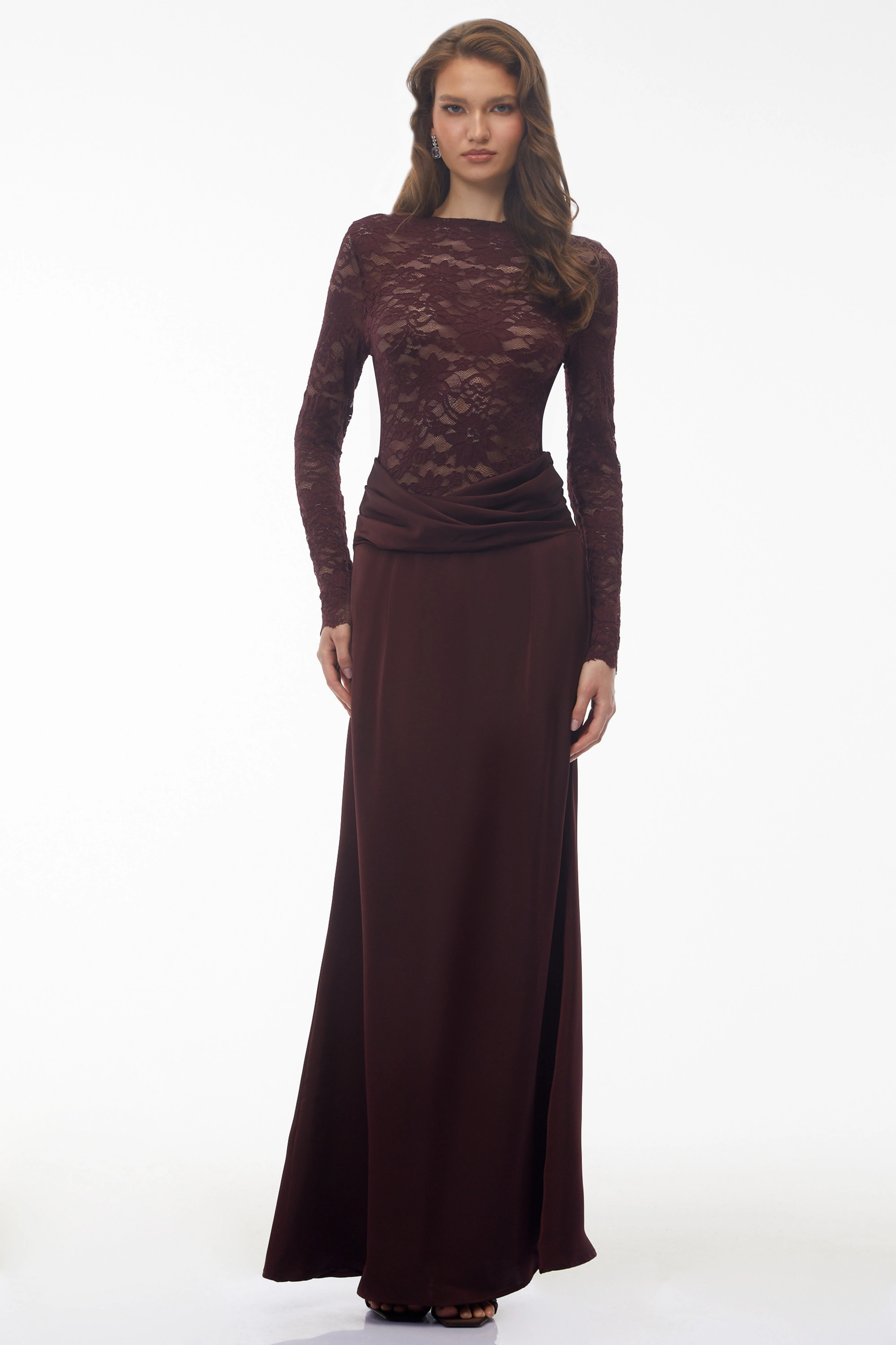 Parvaneh Rust Satin Maxi Dress with Lace Panels