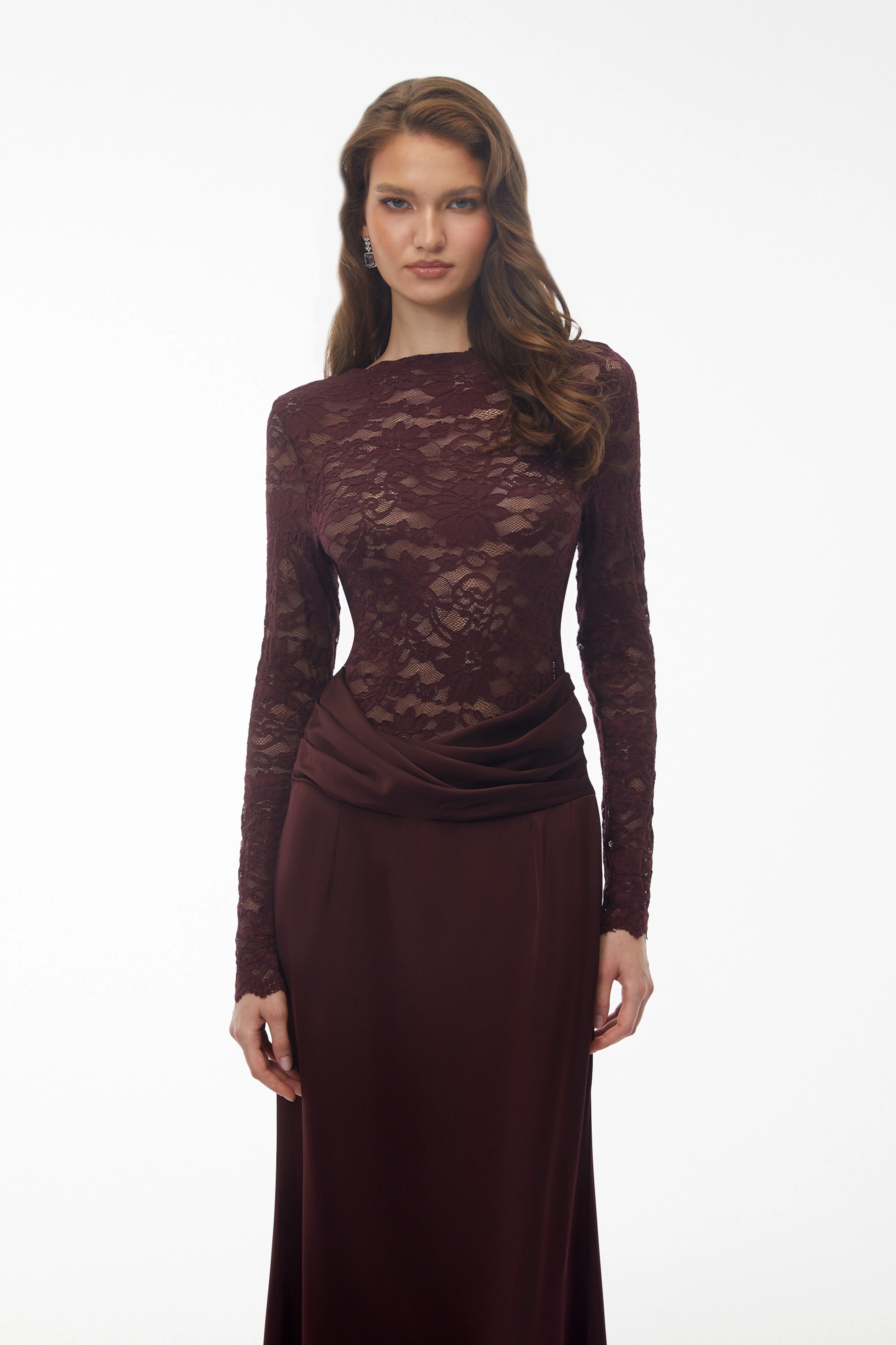 Parvaneh Rust Satin Maxi Dress with Lace Panels