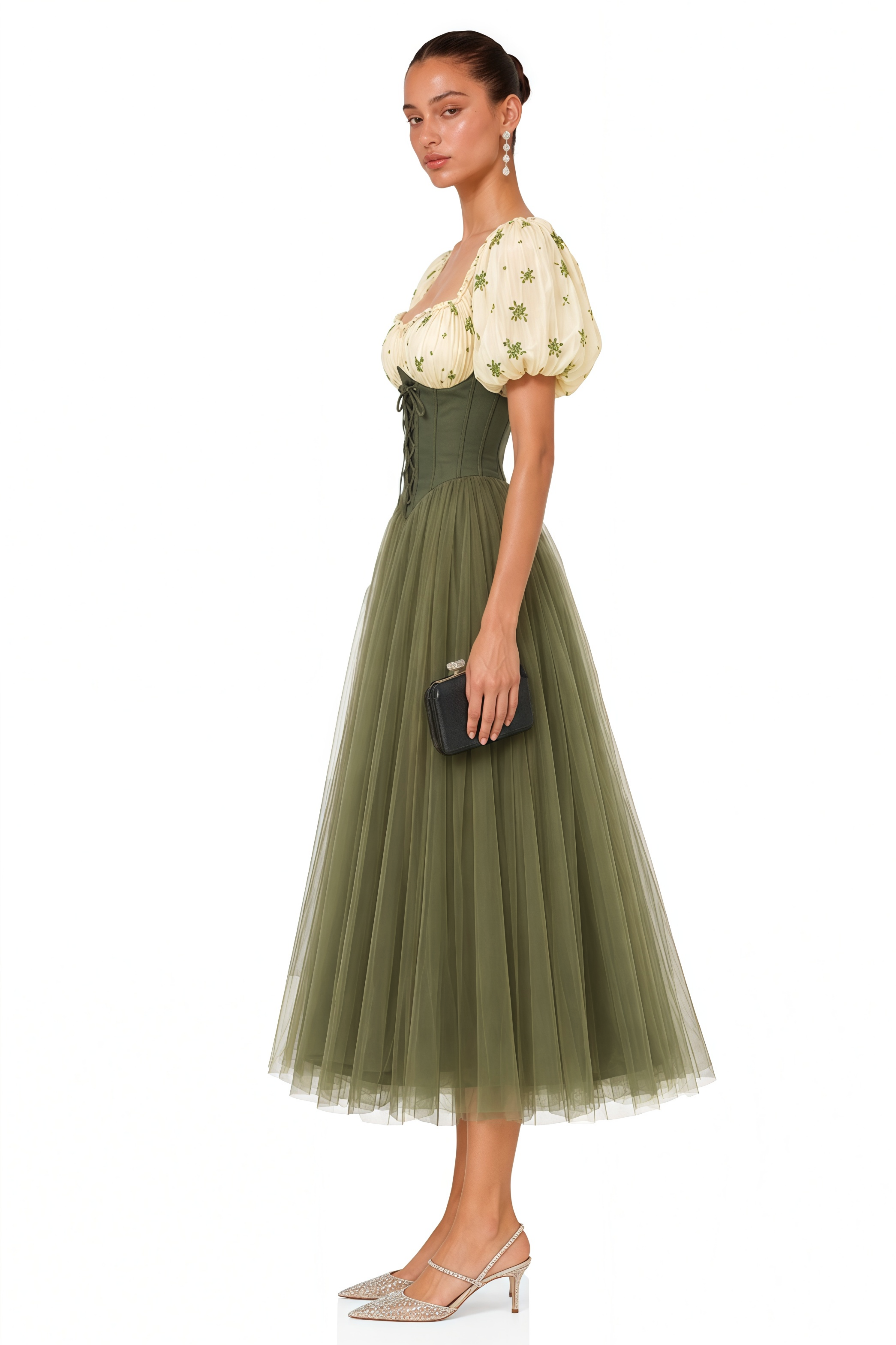 Patrizia Green Sweetheart Puff Sleeve Midi Dress