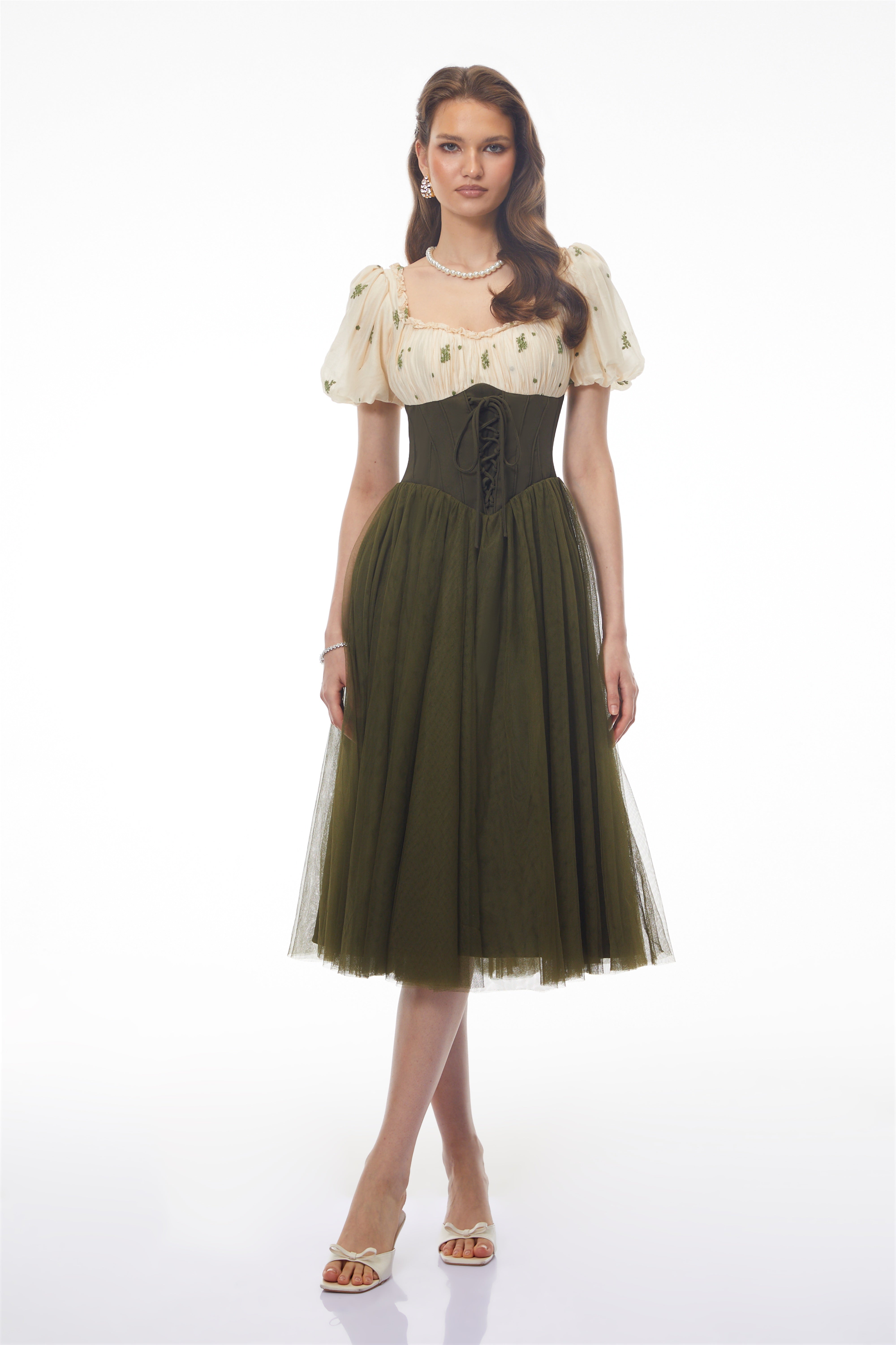 Patrizia Green Sweetheart Puff Sleeve Midi Dress