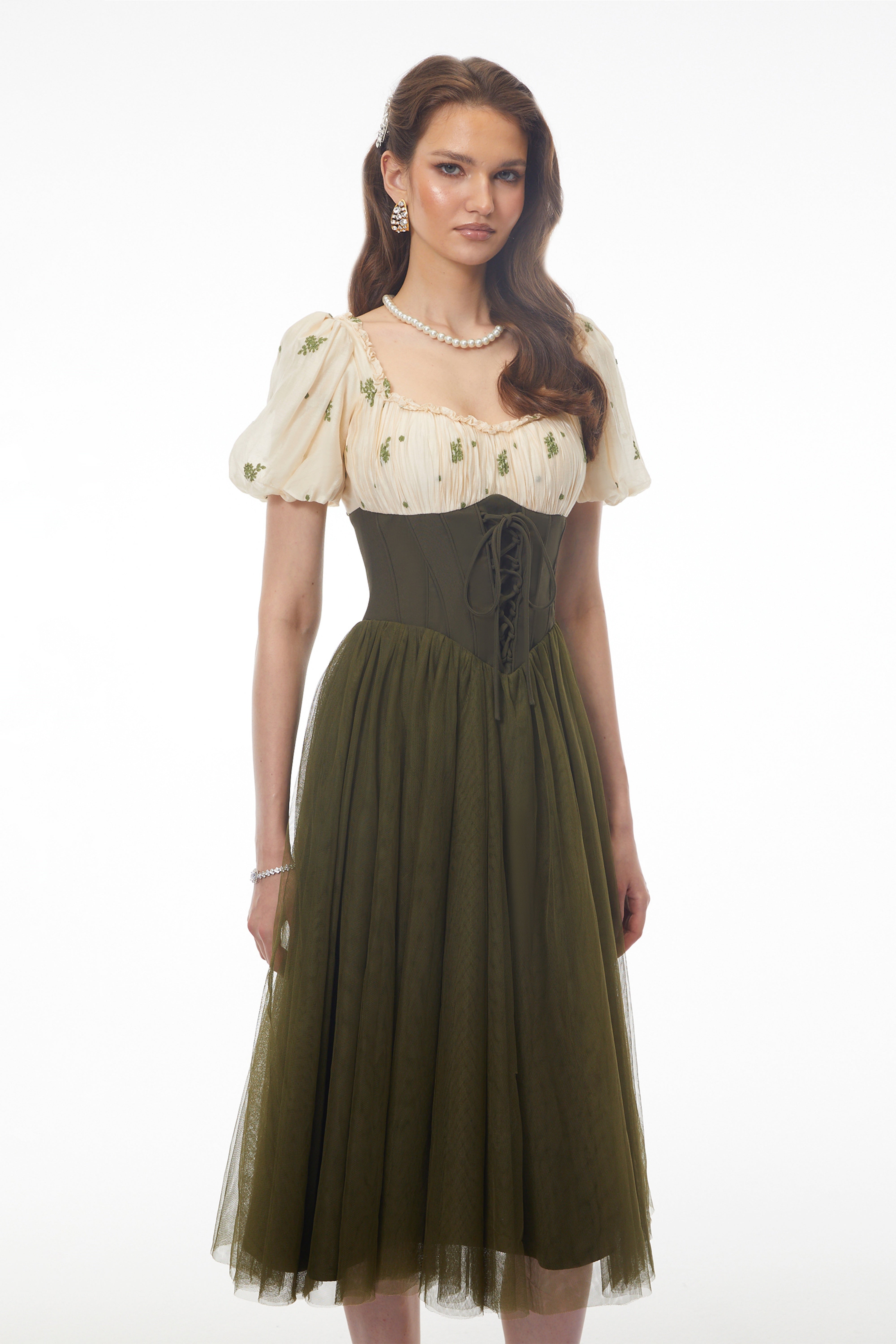 Patrizia Green Sweetheart Puff Sleeve Midi Dress
