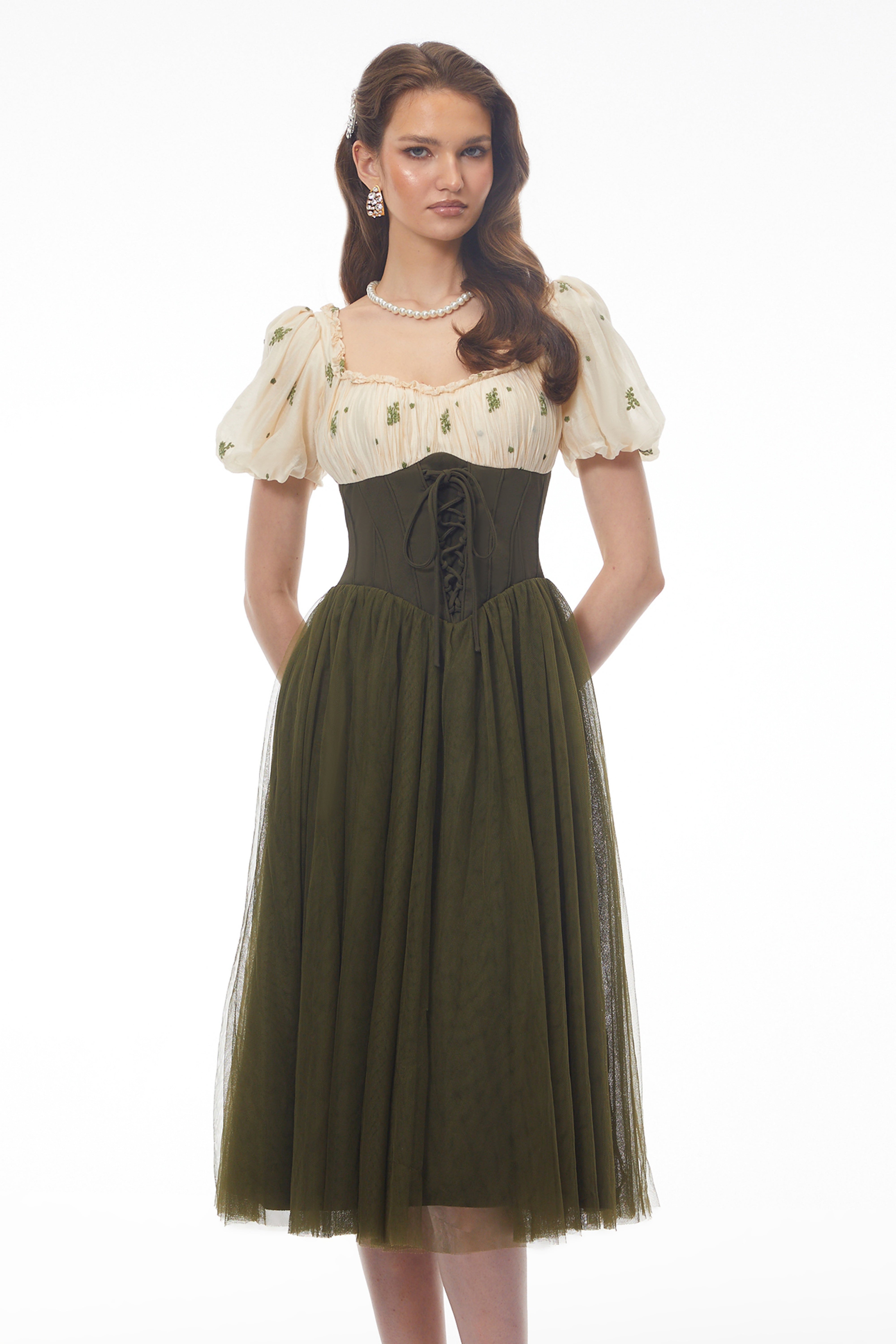 Patrizia Green Sweetheart Puff Sleeve Midi Dress