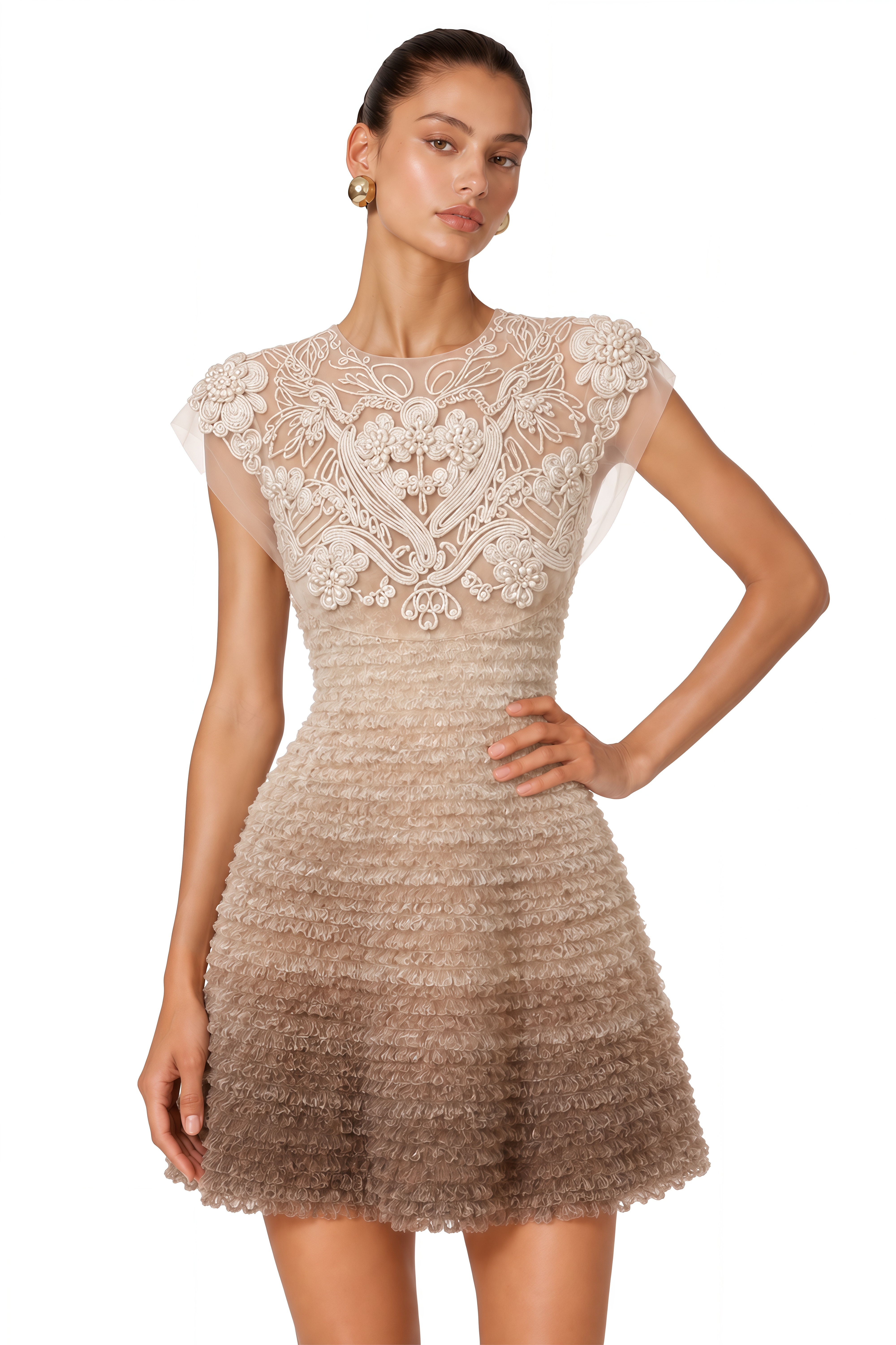 Paula Beige Ombre Floral Lace Mini Dress
