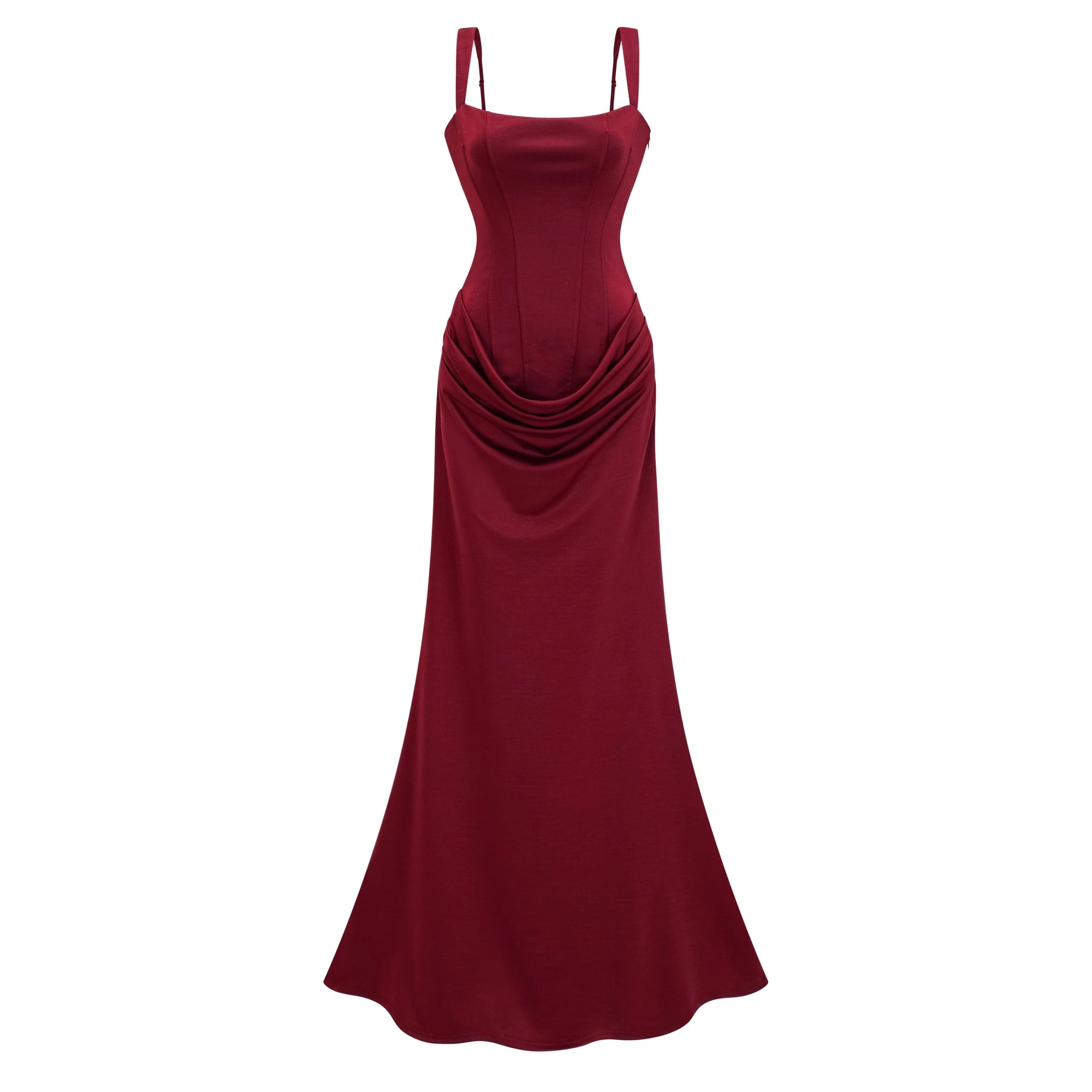 Burgundy floor-length gown with a corset-style bodice and draped hip detail