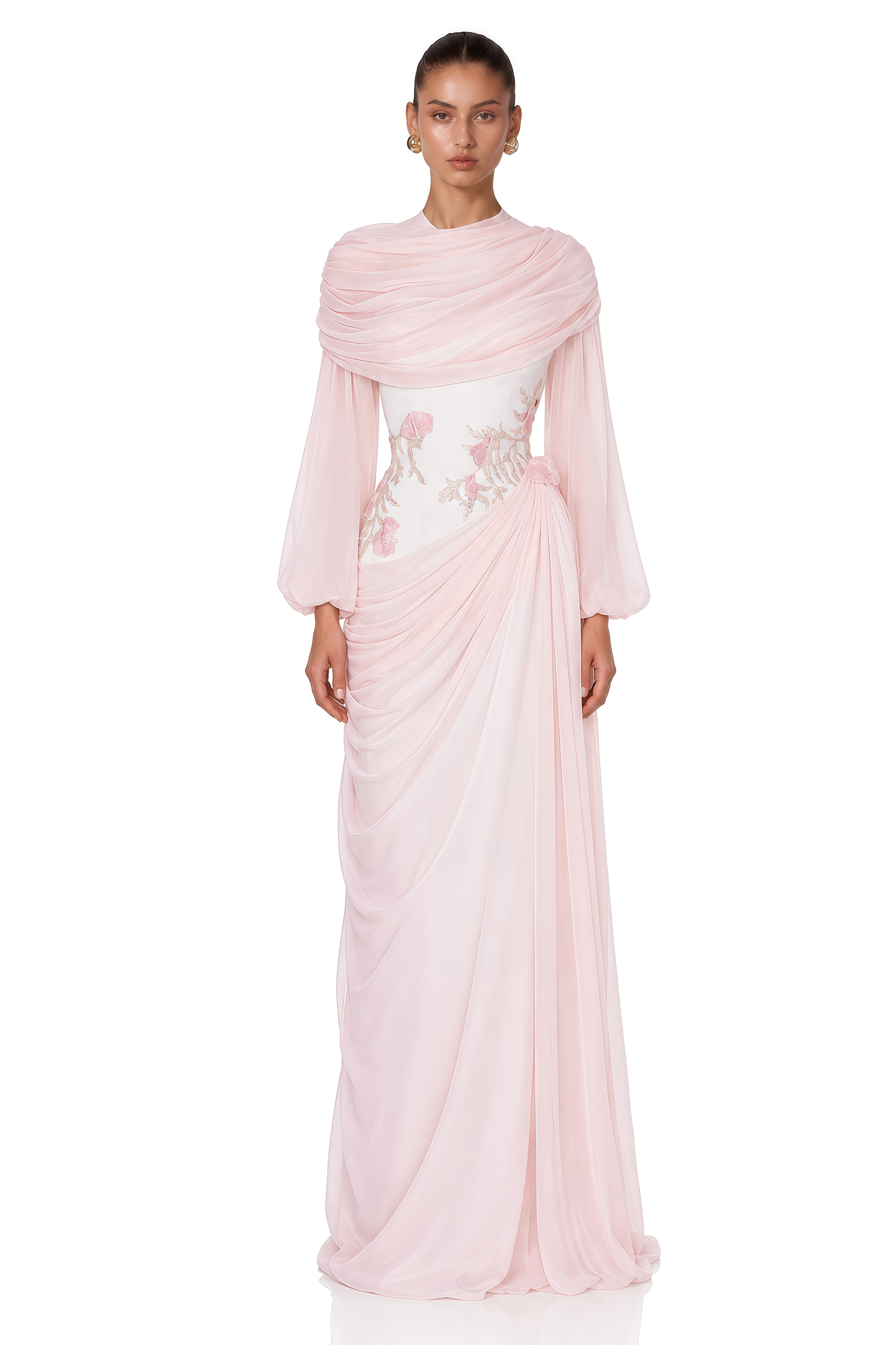 Payton Pink Embroidered Draped Cape Maxi Dress