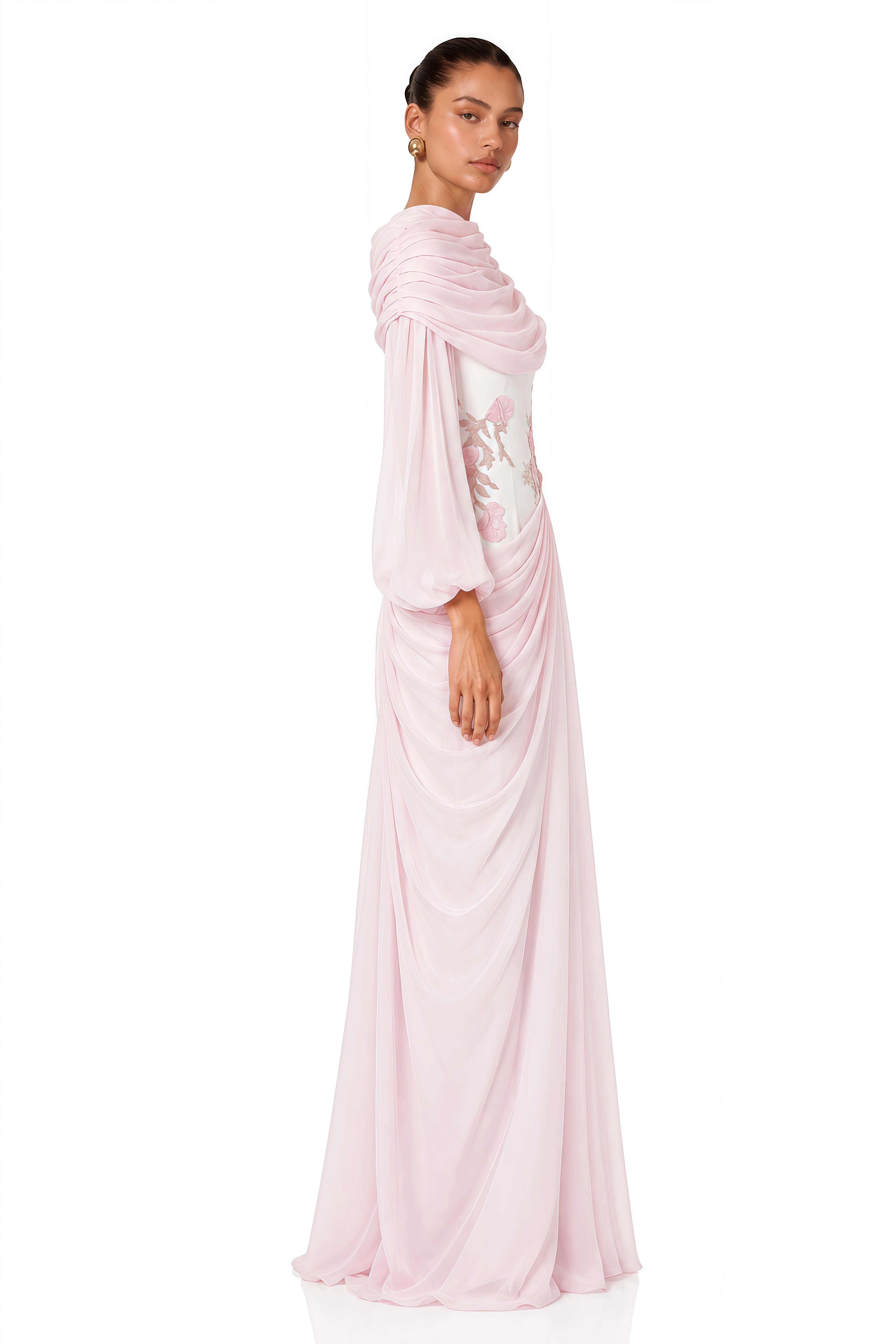 Payton Pink Embroidered Draped Cape Maxi Dress