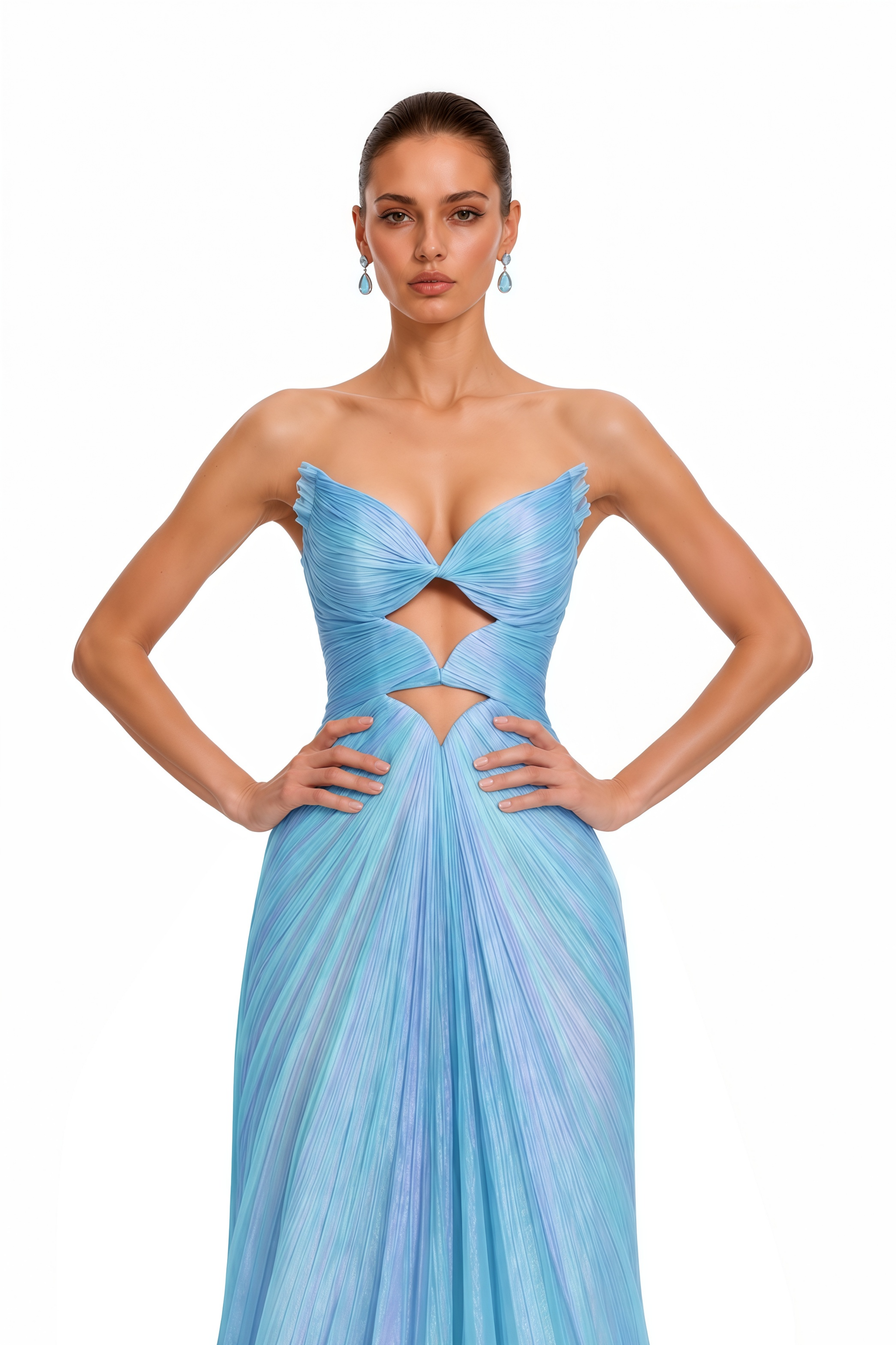 Peggie Blue Pleated Cut-Out Maxi Dress with Slit