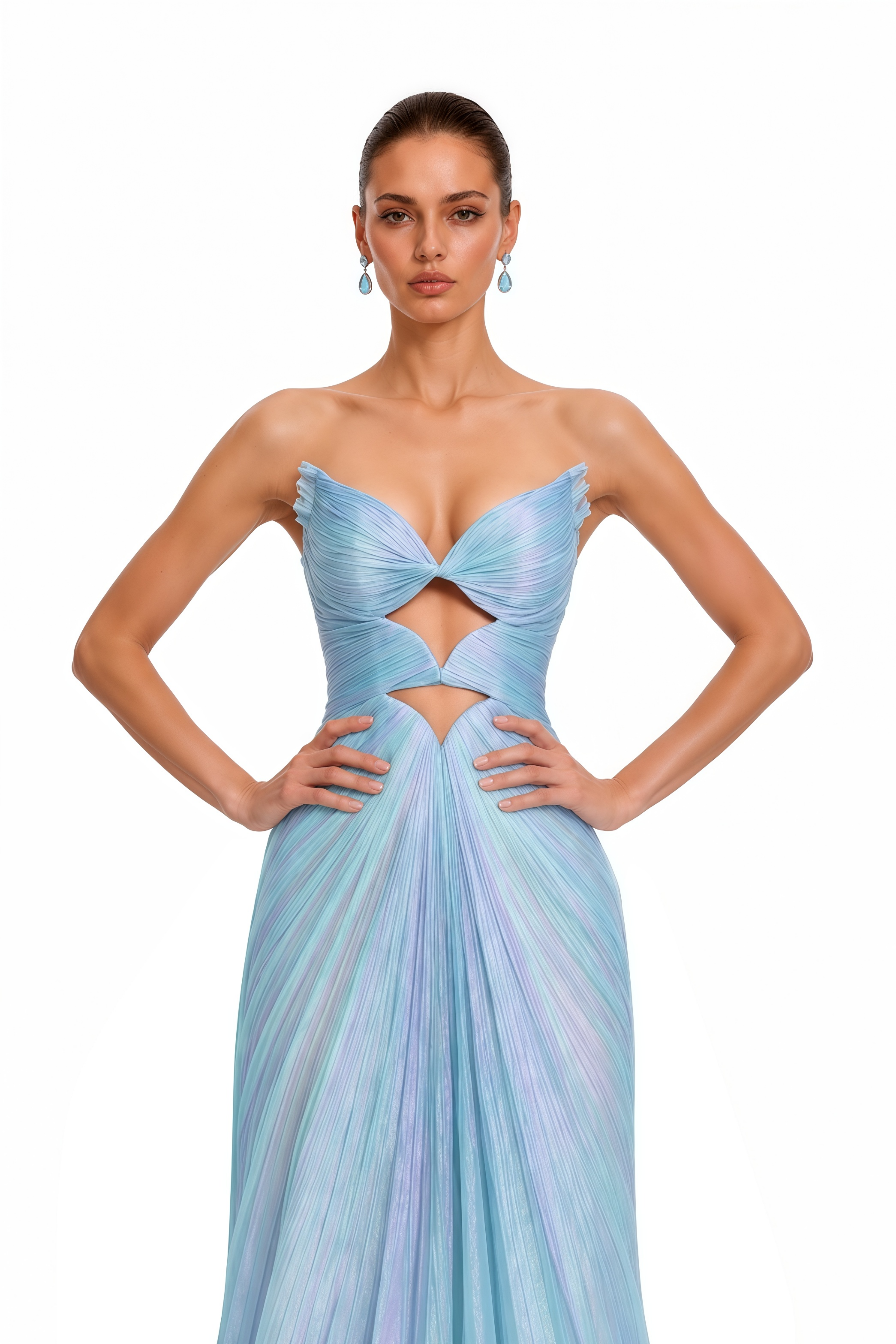 Peggie Blue Pleated Cut-Out Maxi Dress with Slit