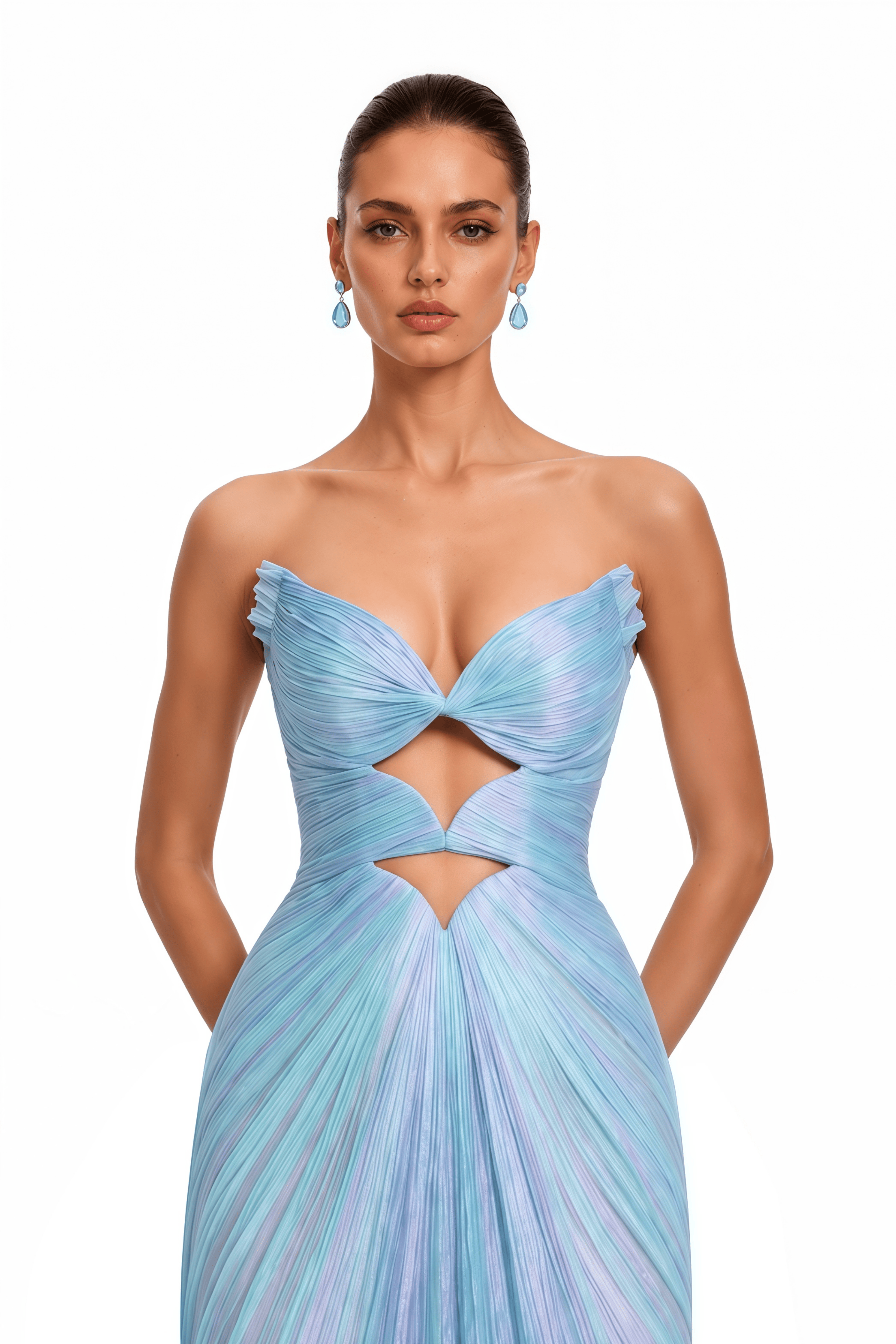 Peggie Blue Pleated Cut-Out Maxi Dress with Slit