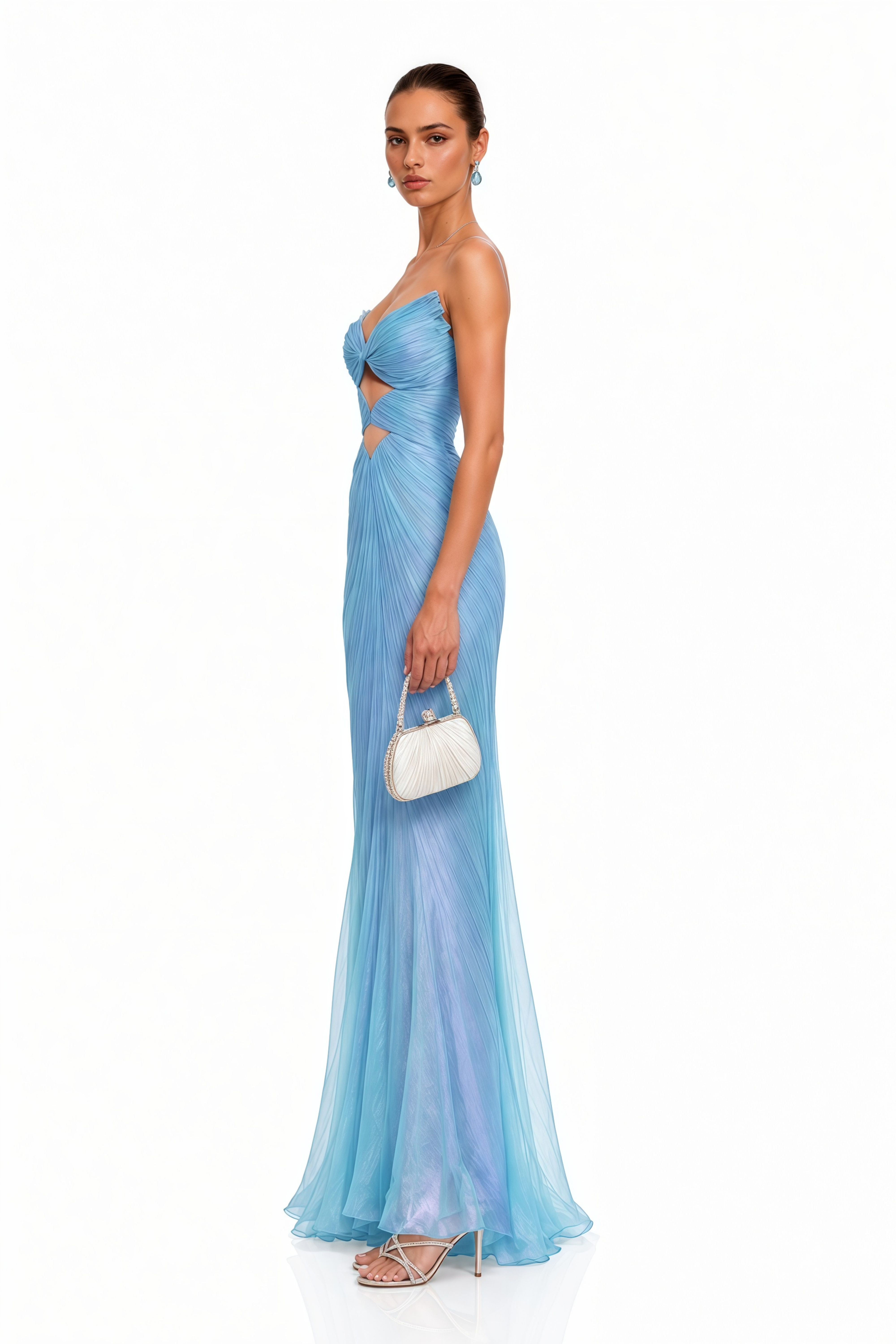 Peggie Blue Pleated Cut-Out Maxi Dress with Slit